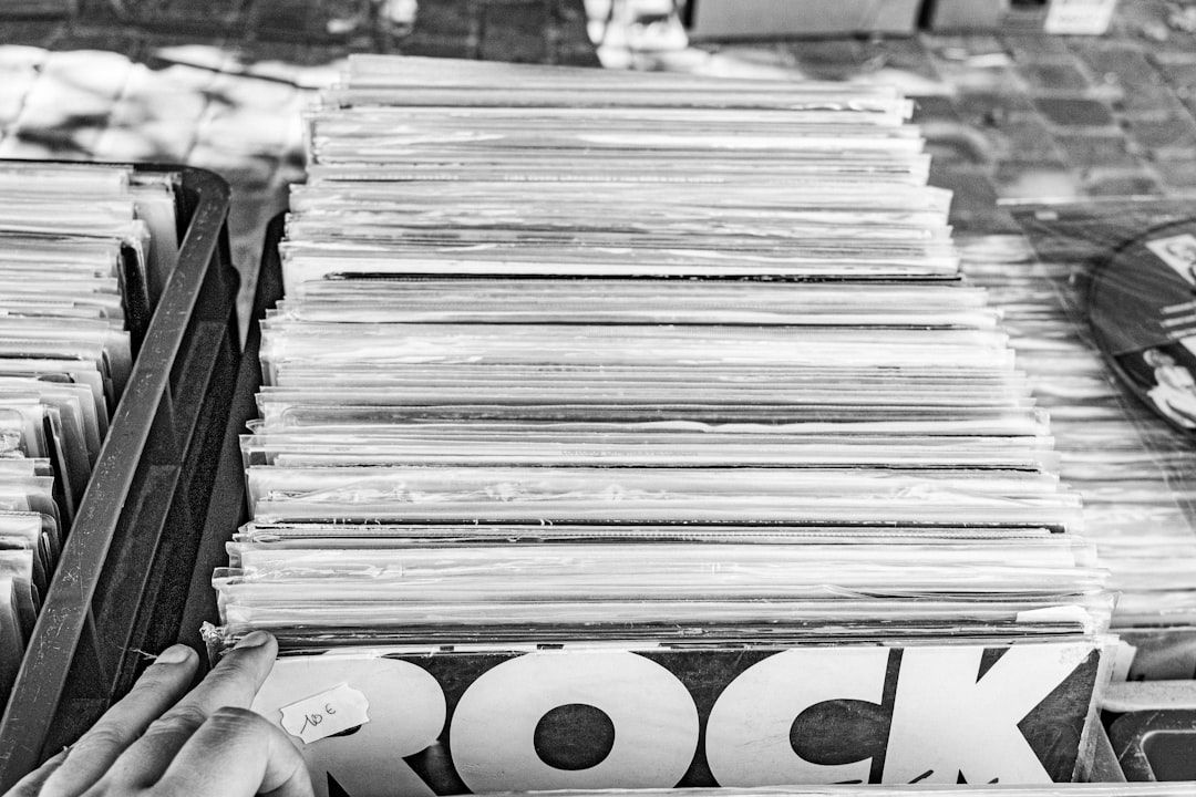 Stack of vinyl records from the rock era