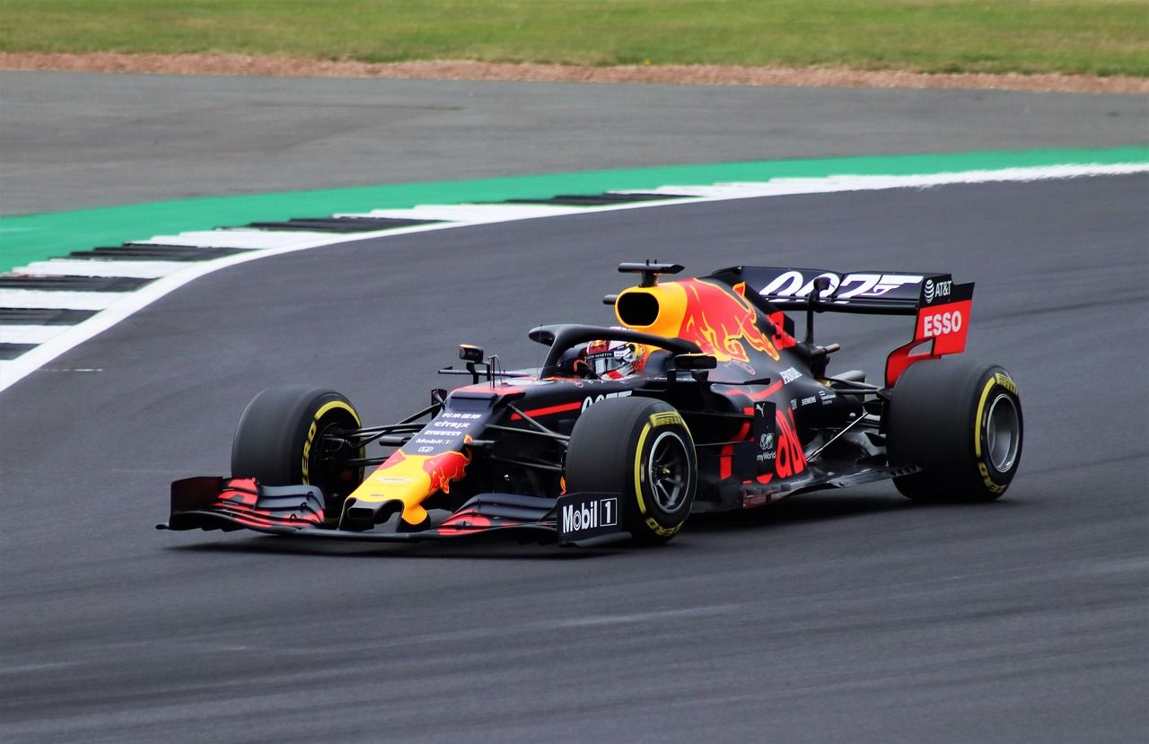 Formula 1 car racing at the modern Silverstone Circuit