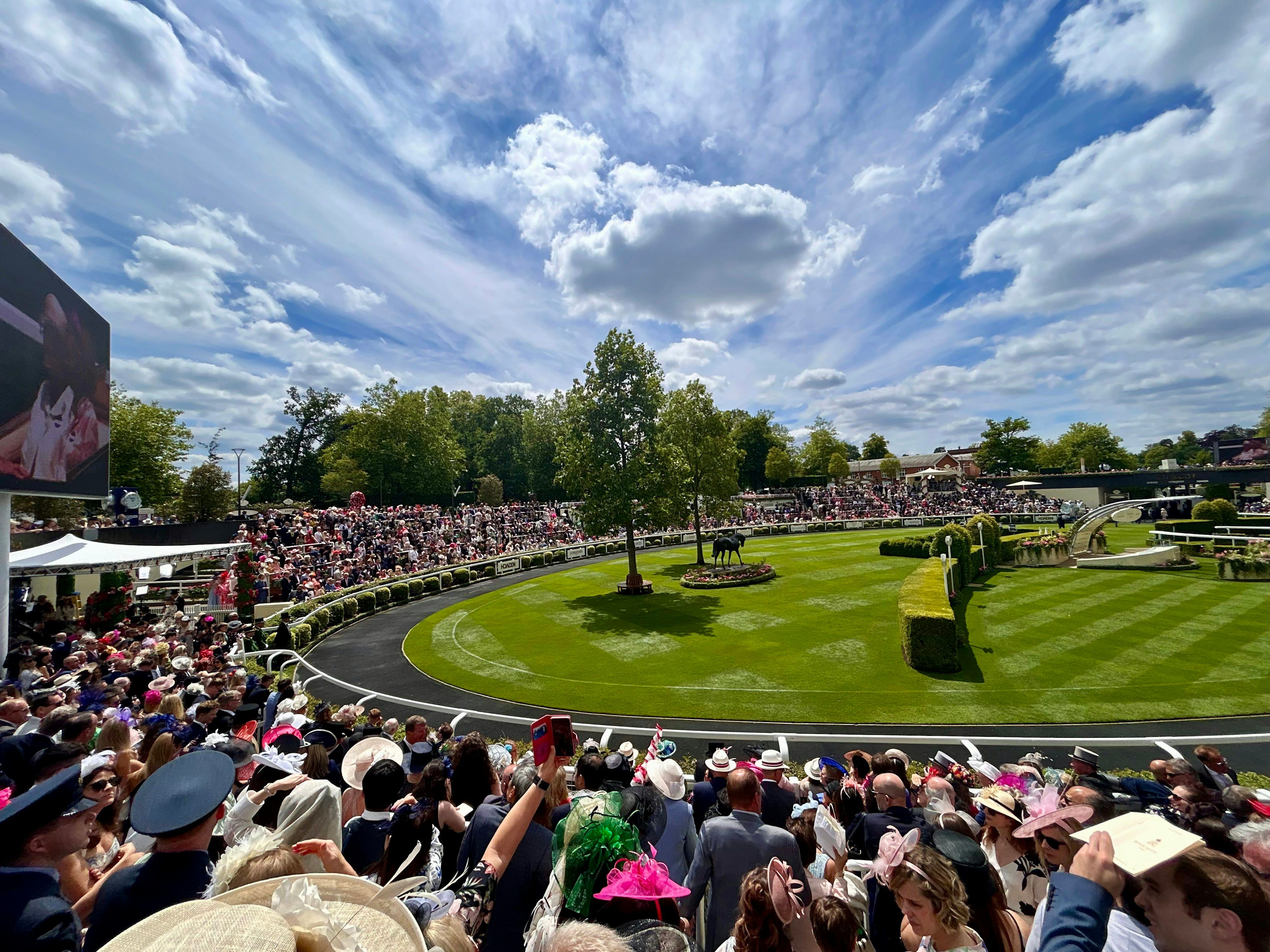 Crowd watching a horse race at Royal Ascot