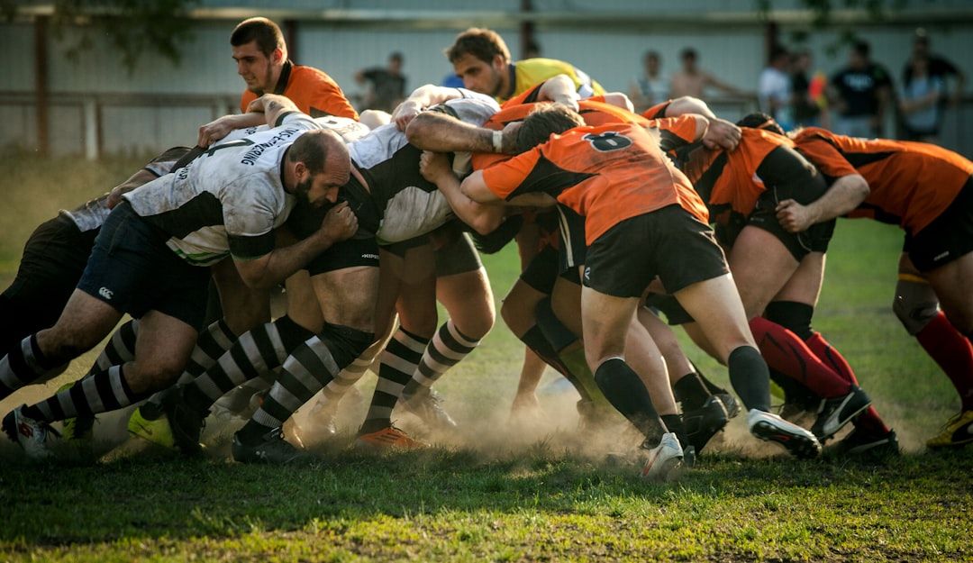 Rugby players in action during a sevens match
