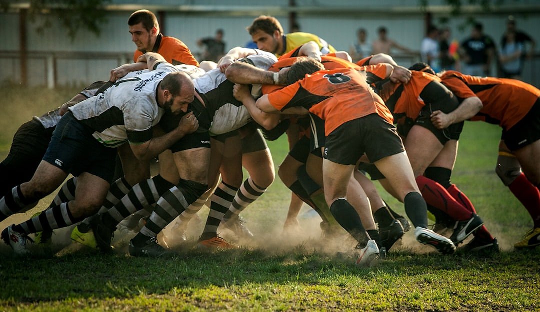 Rugby players in action during a sevens match