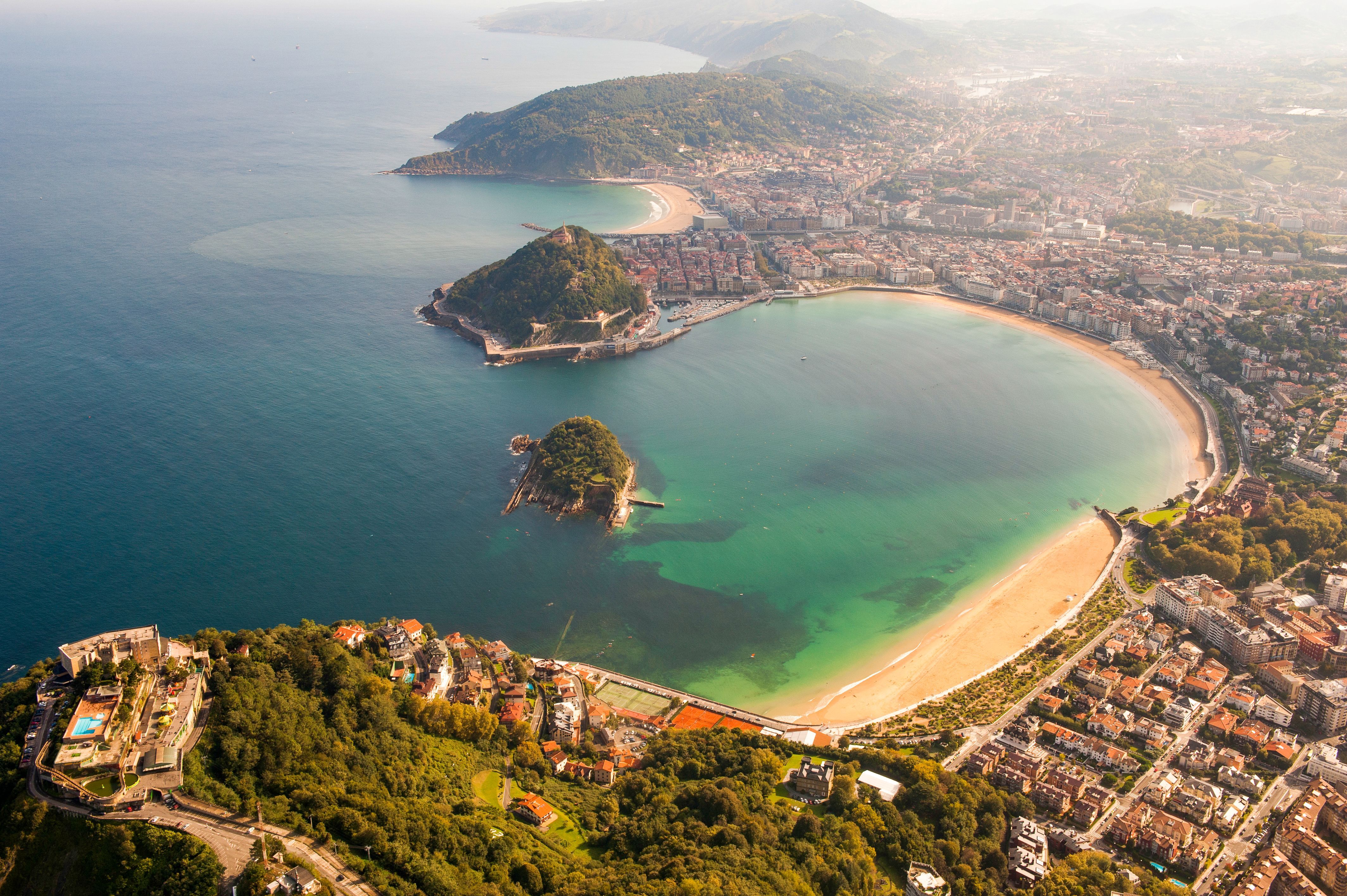 Aerial view of La Concha bay, San Sebastián, with the old town and Monte Urgull