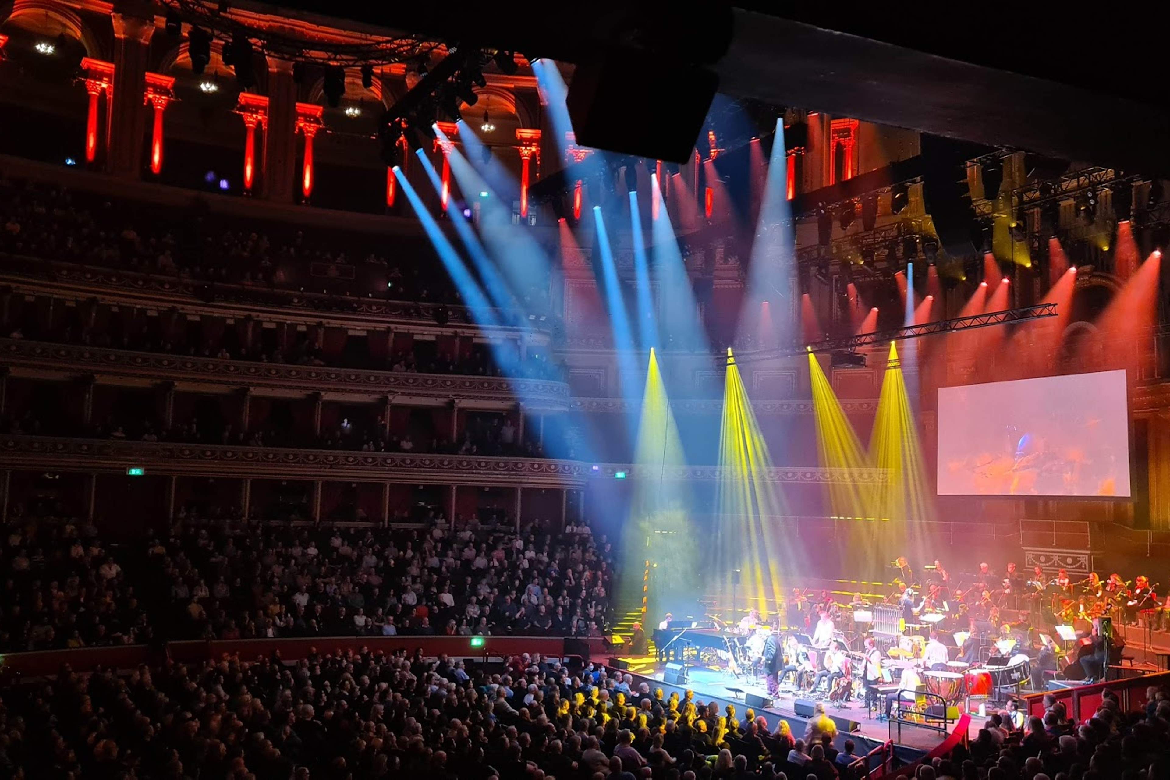 Blue and yellow spotlights over the stage during a concert at the Royal Albert Hall, with the stalls and tiers full