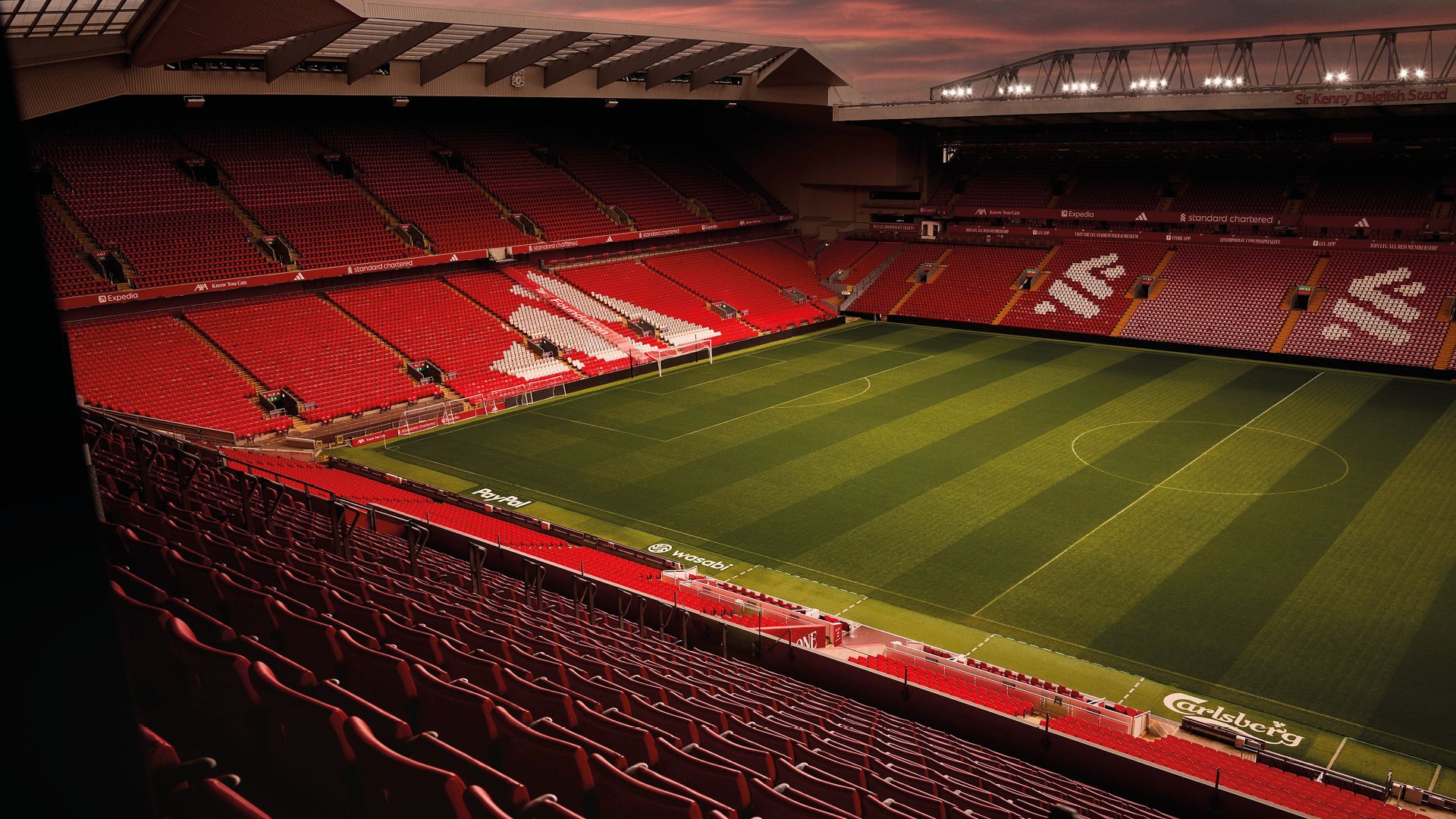 Forever Reds Lounge, Anfield: Anfield pitch view from a corner seat near the Sir Kenny Dalglish Stand