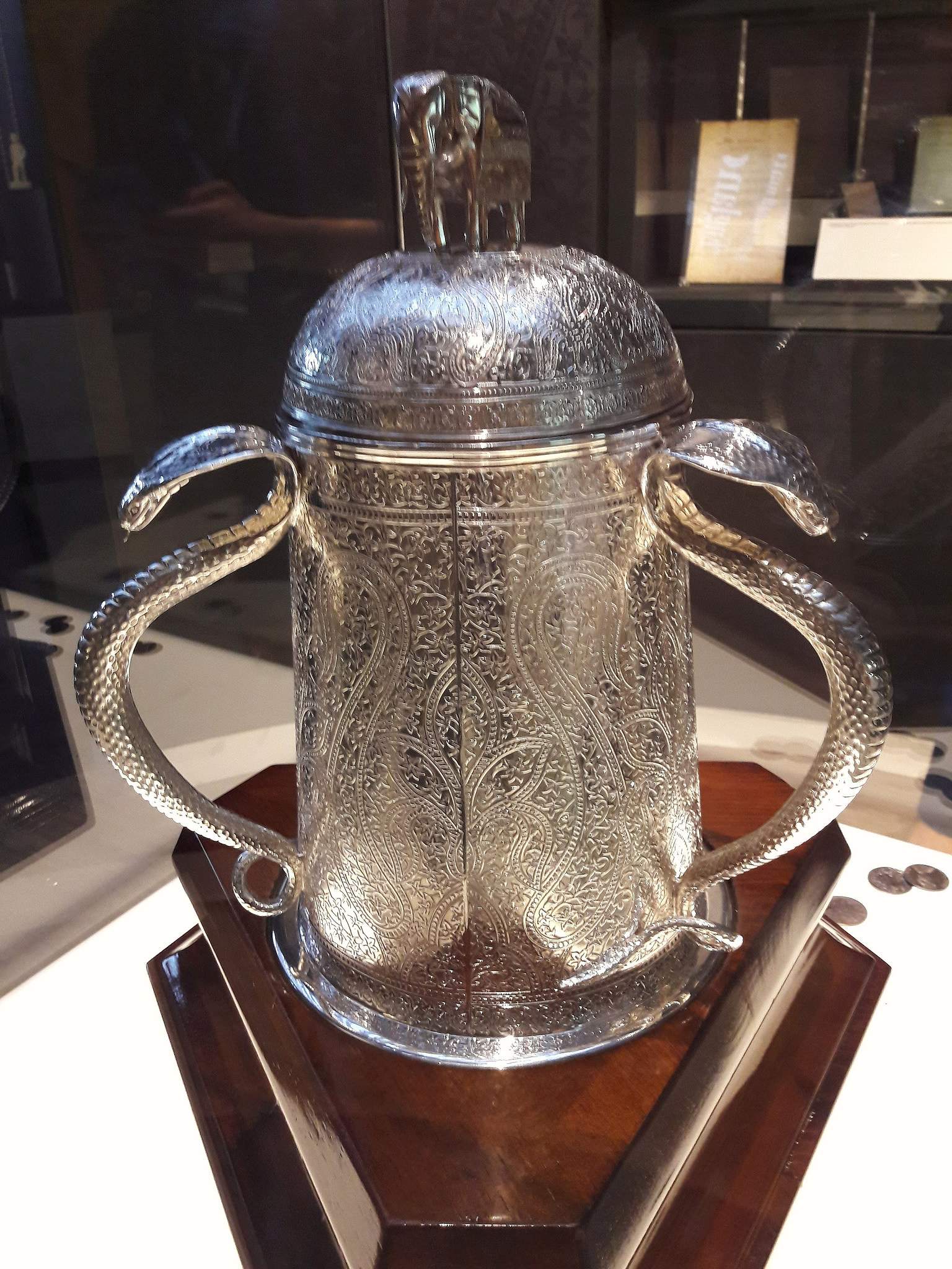 The Calcutta Cup trophy: ornate Indian silverwork with an elephant on the domed lid and three king-cobra handles