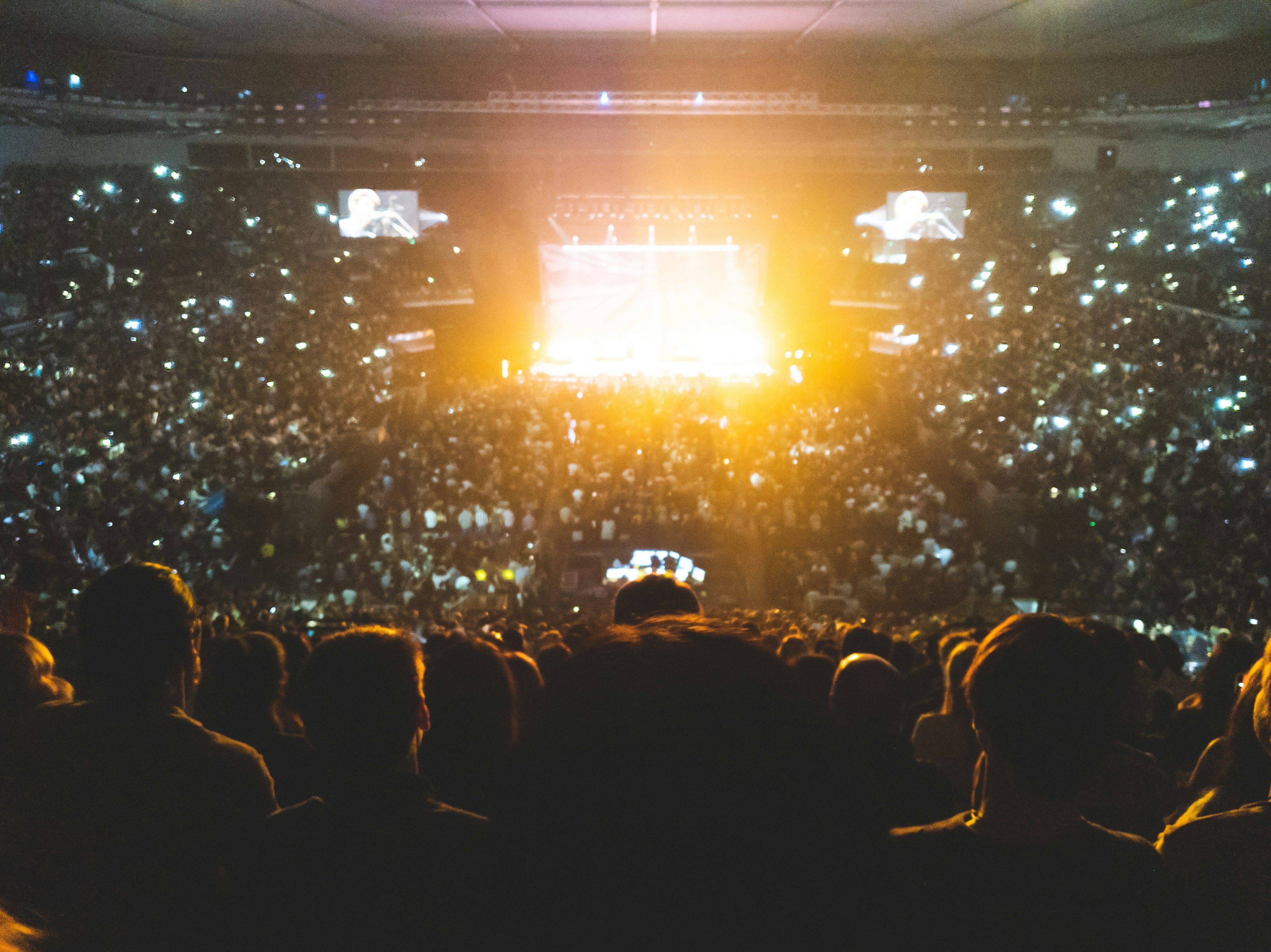 Crowd watching a concert at night