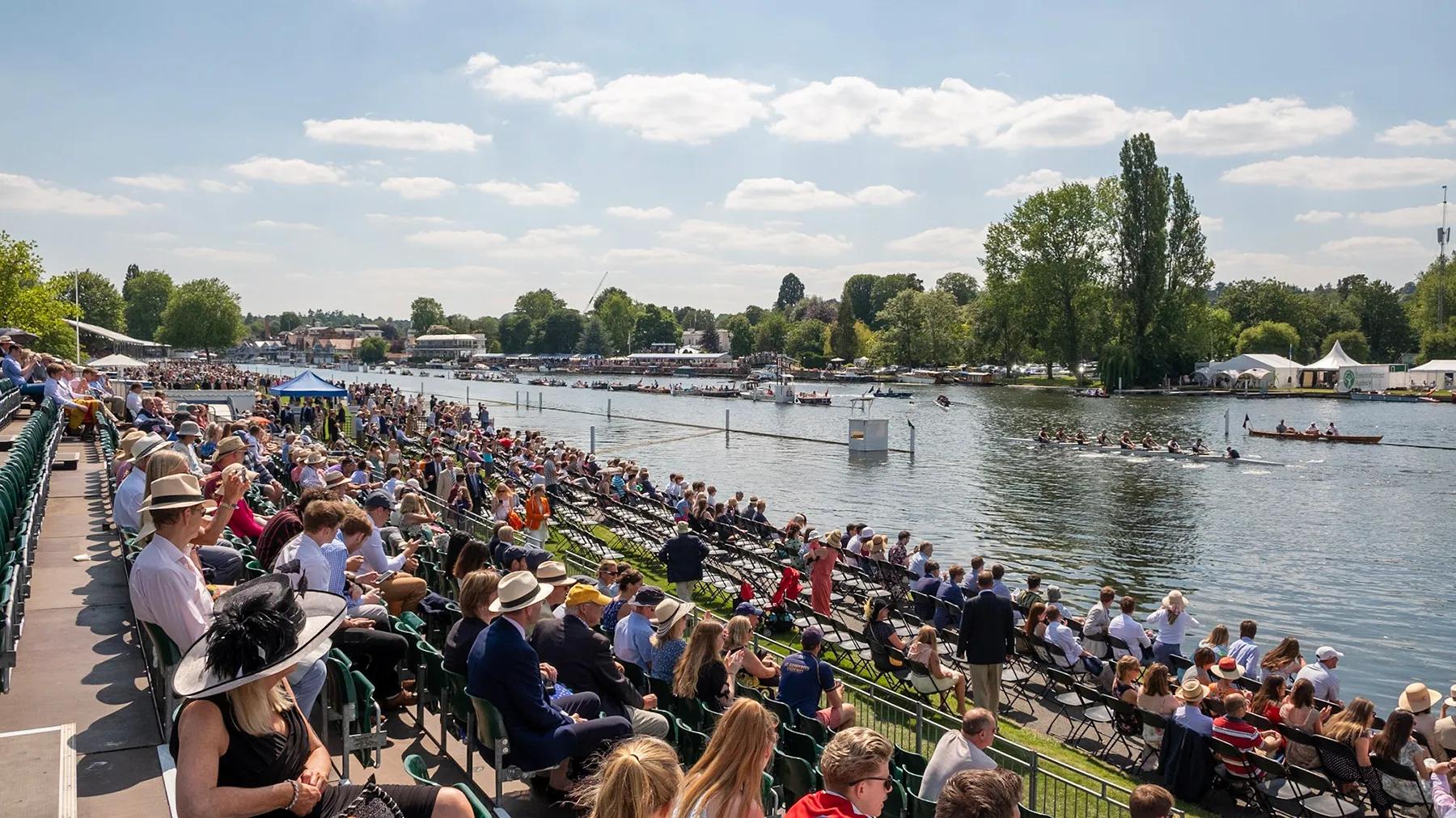 Henley Royal Regatta on the River Thames at Henley-on-Thames, enclosure marquees lining the bank