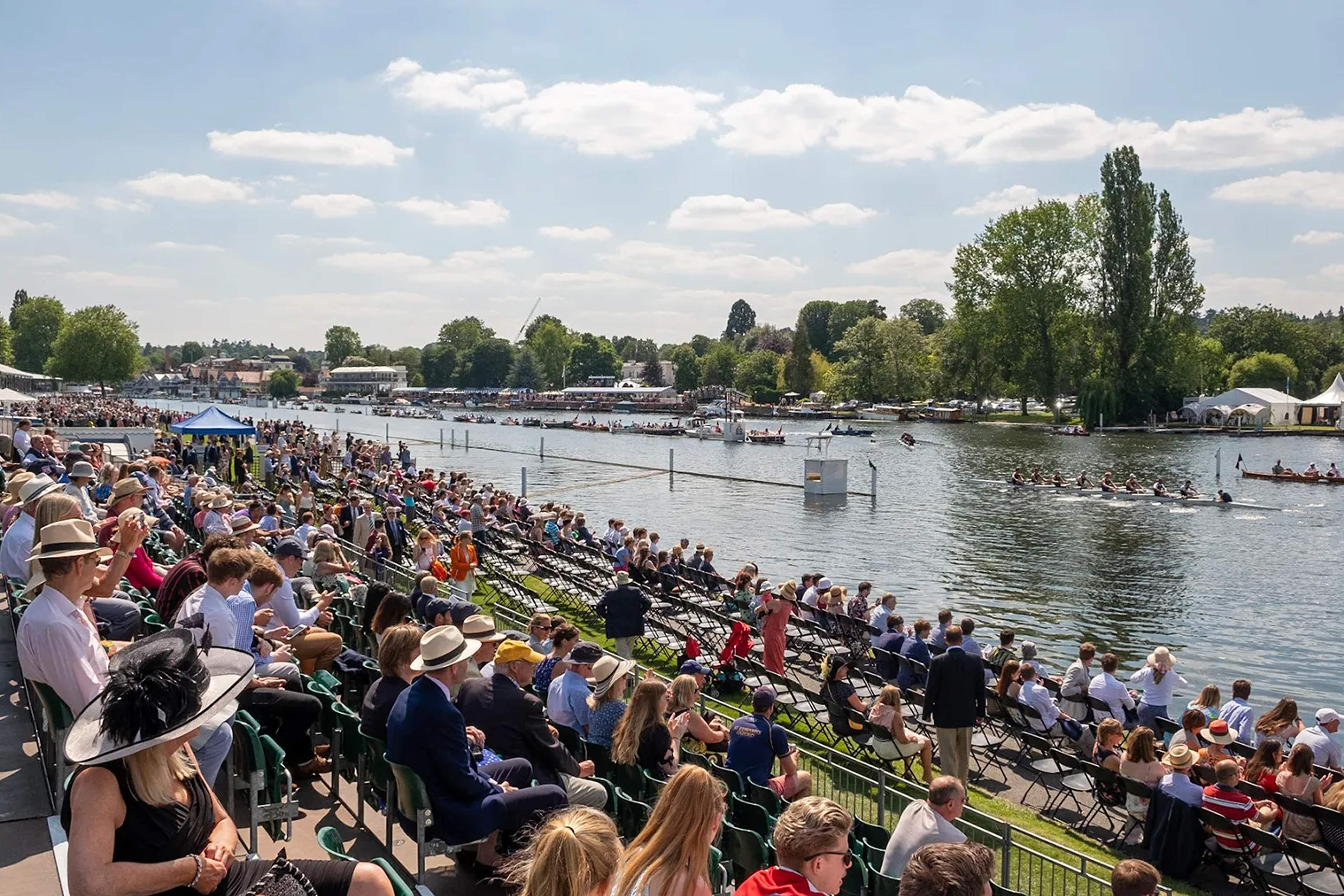 Henley Royal Regatta on the River Thames at Henley-on-Thames, enclosure marquees lining the bank