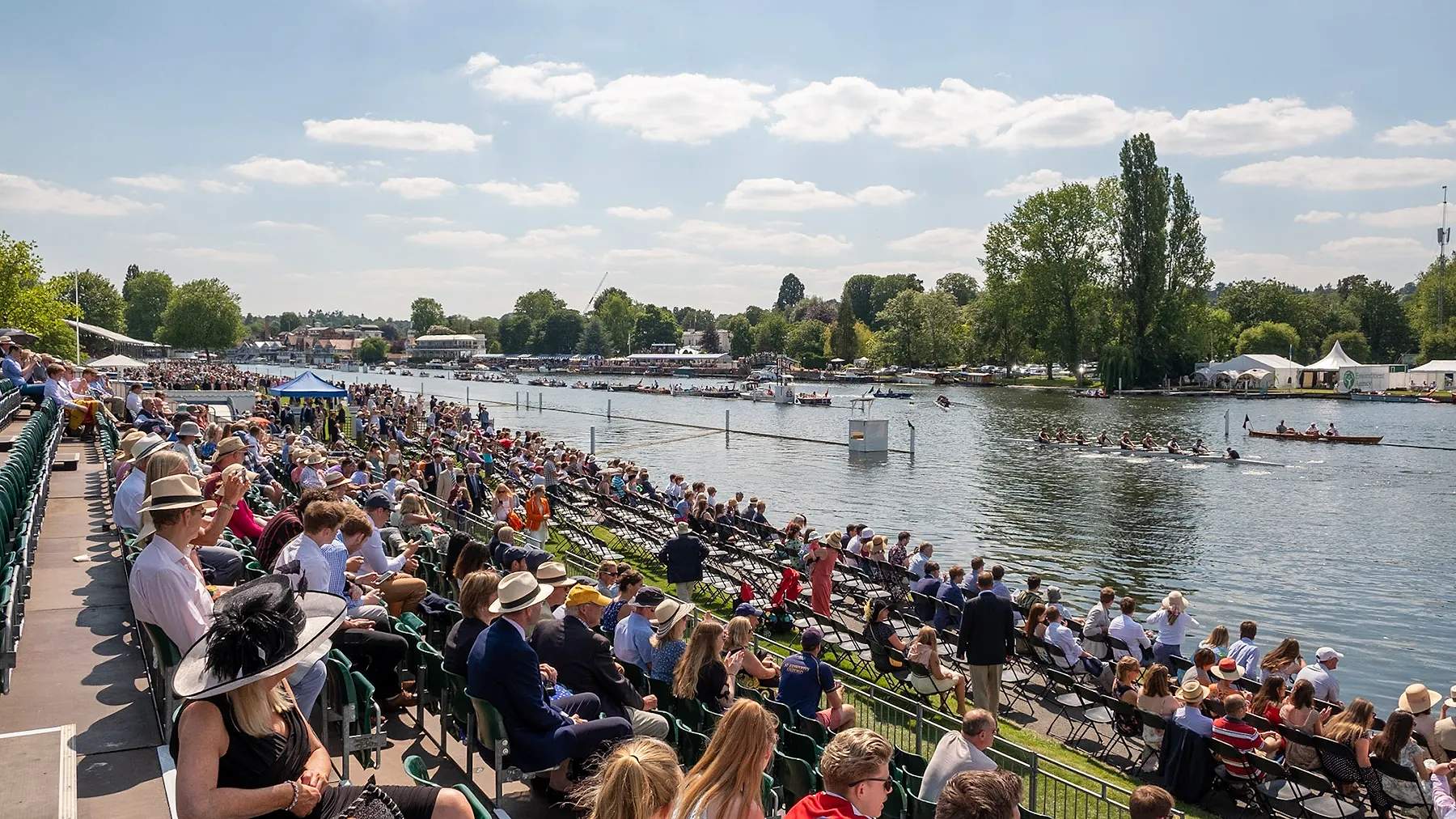 Henley Royal Regatta on the River Thames at Henley-on-Thames, enclosure marquees lining the bank