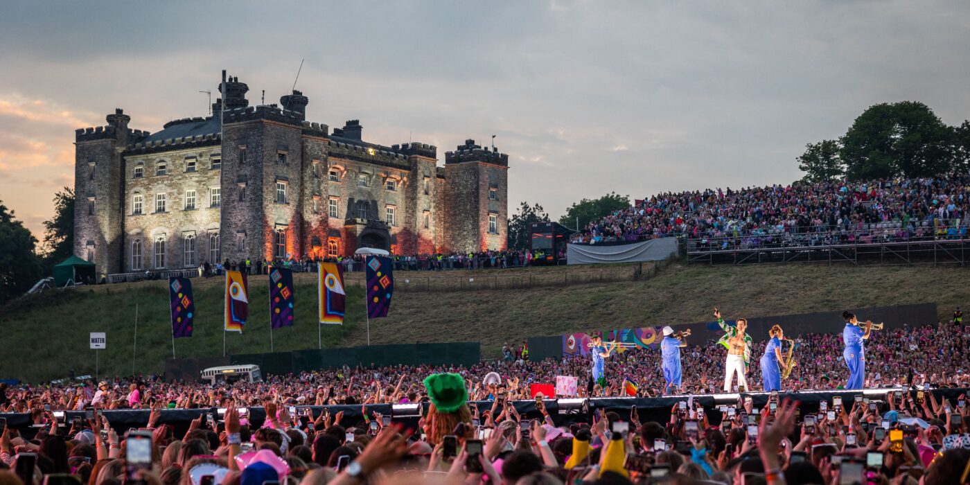 Slane Castle above the concert field at dusk