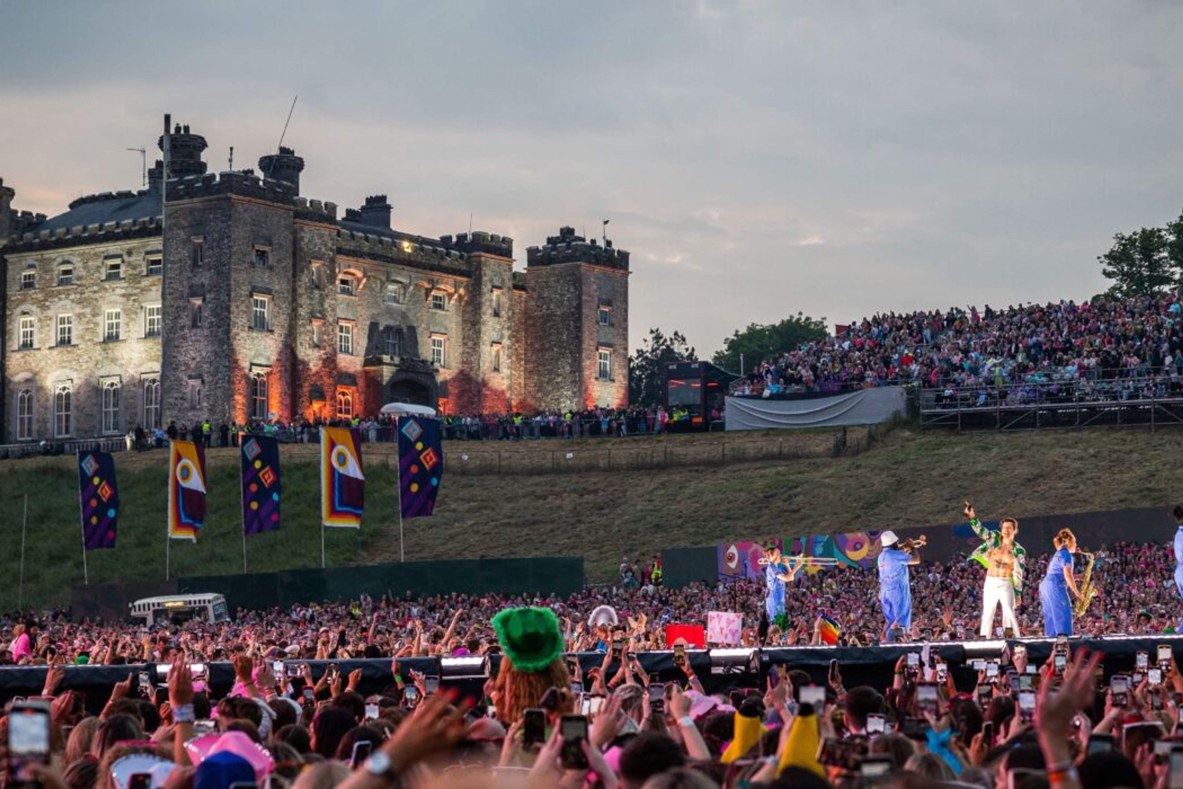 Slane Castle above the concert field at dusk