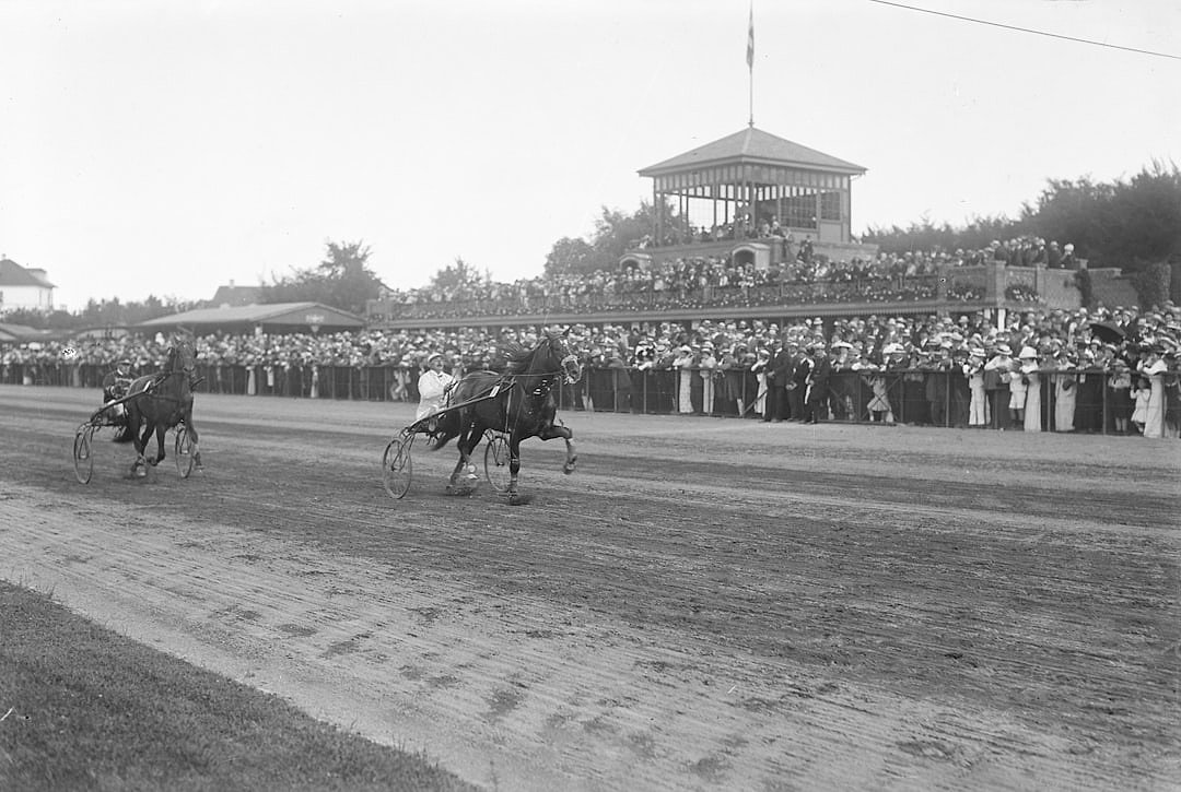 Vintage horse racing scene at a British racecourse