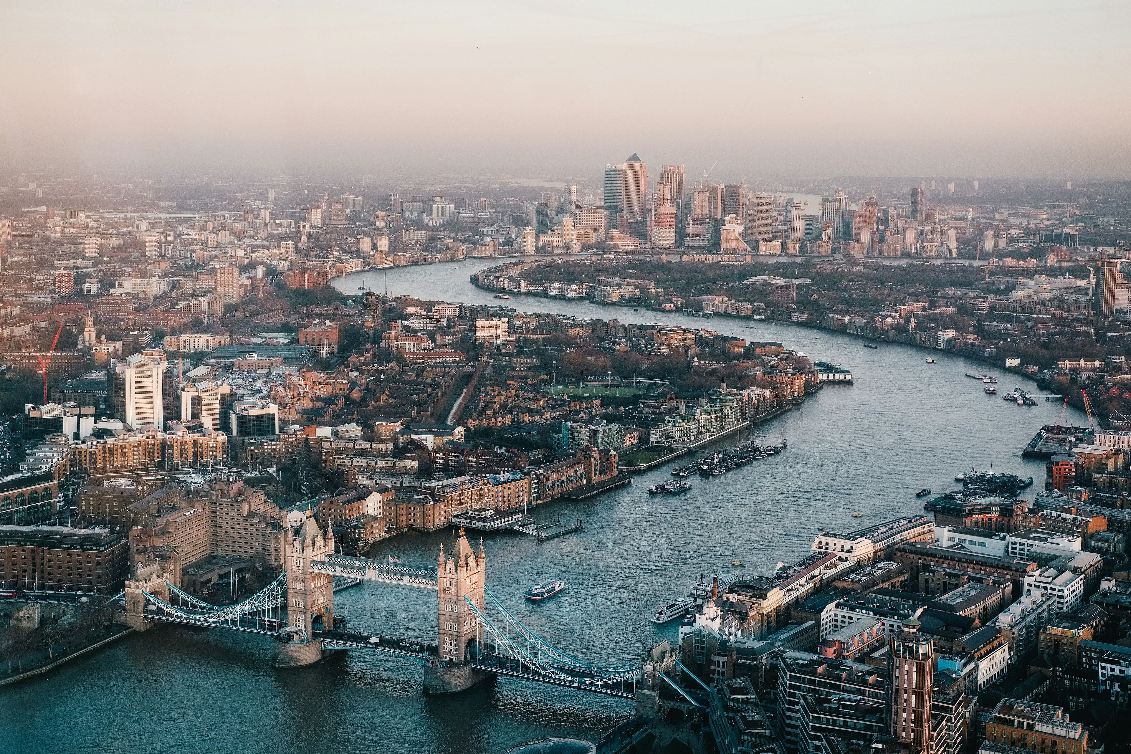 Aerial view of Tower Bridge, the Thames and the City of London skyline