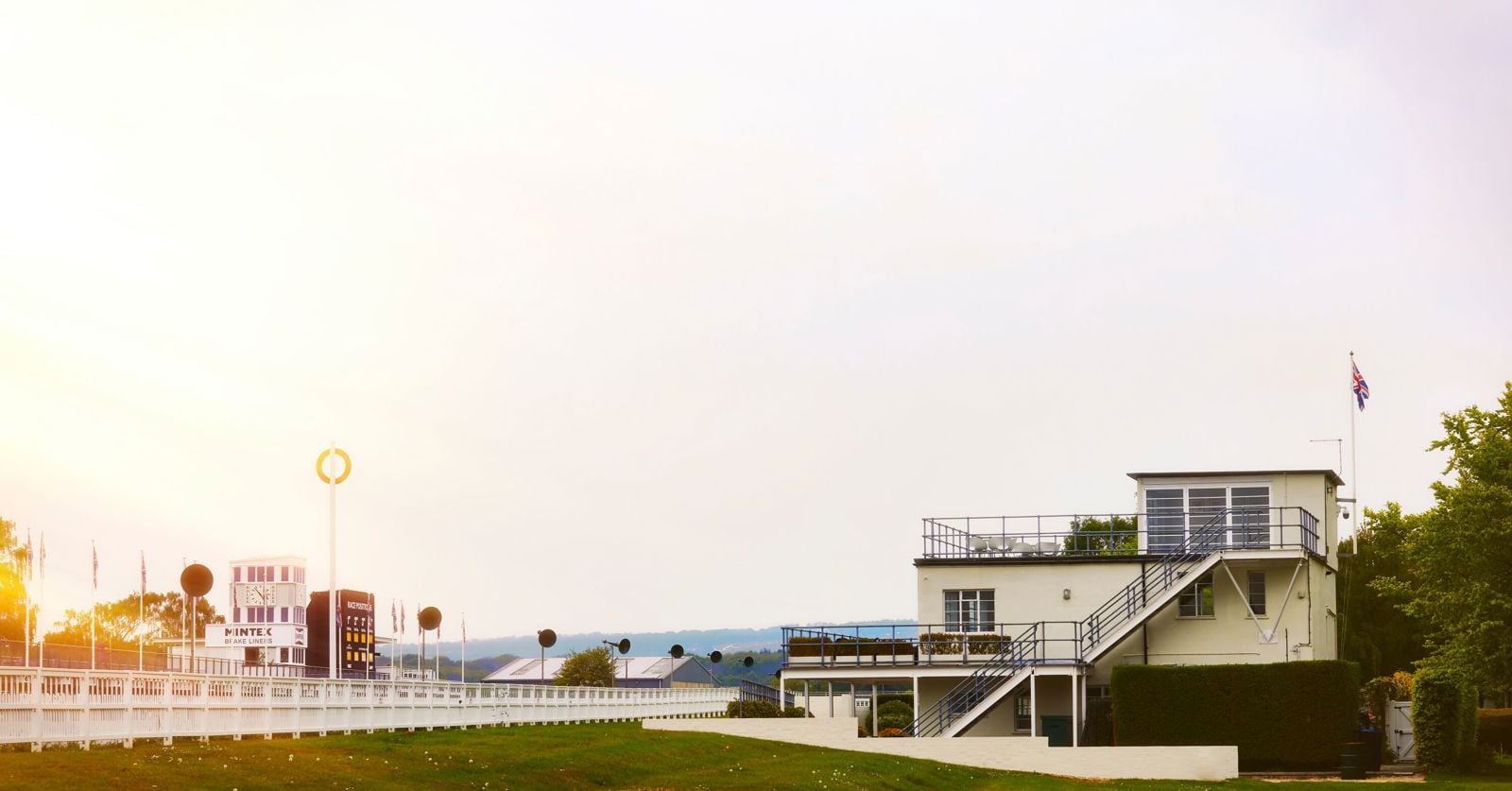 The Art Deco control tower above the empty Goodwood Motor Circuit