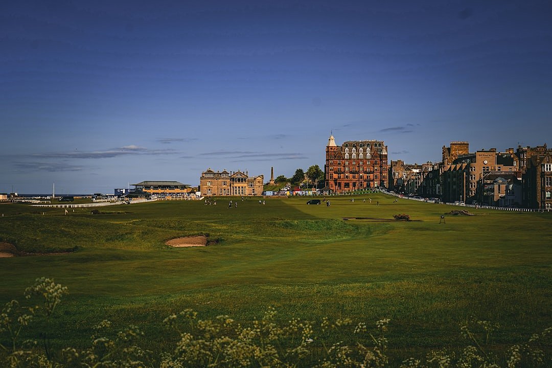 View across the Old Course at St Andrews with the town in the background