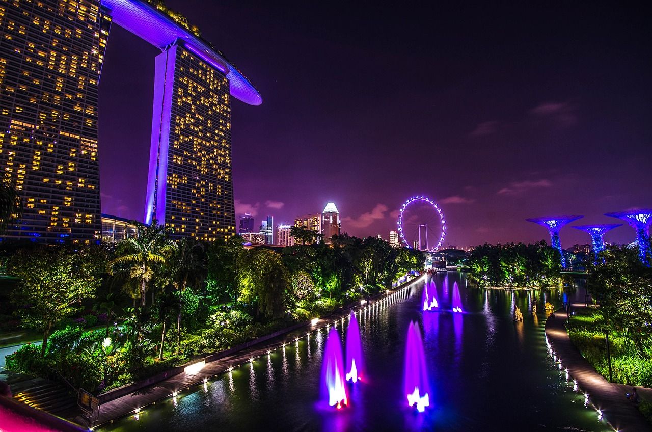 Singapore's Marina Bay skyline lit up at night during Grand Prix weekend