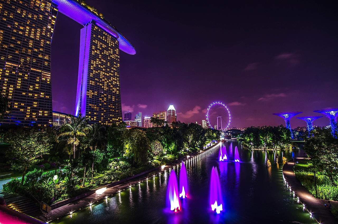 Singapore's Marina Bay skyline lit up at night during Grand Prix weekend