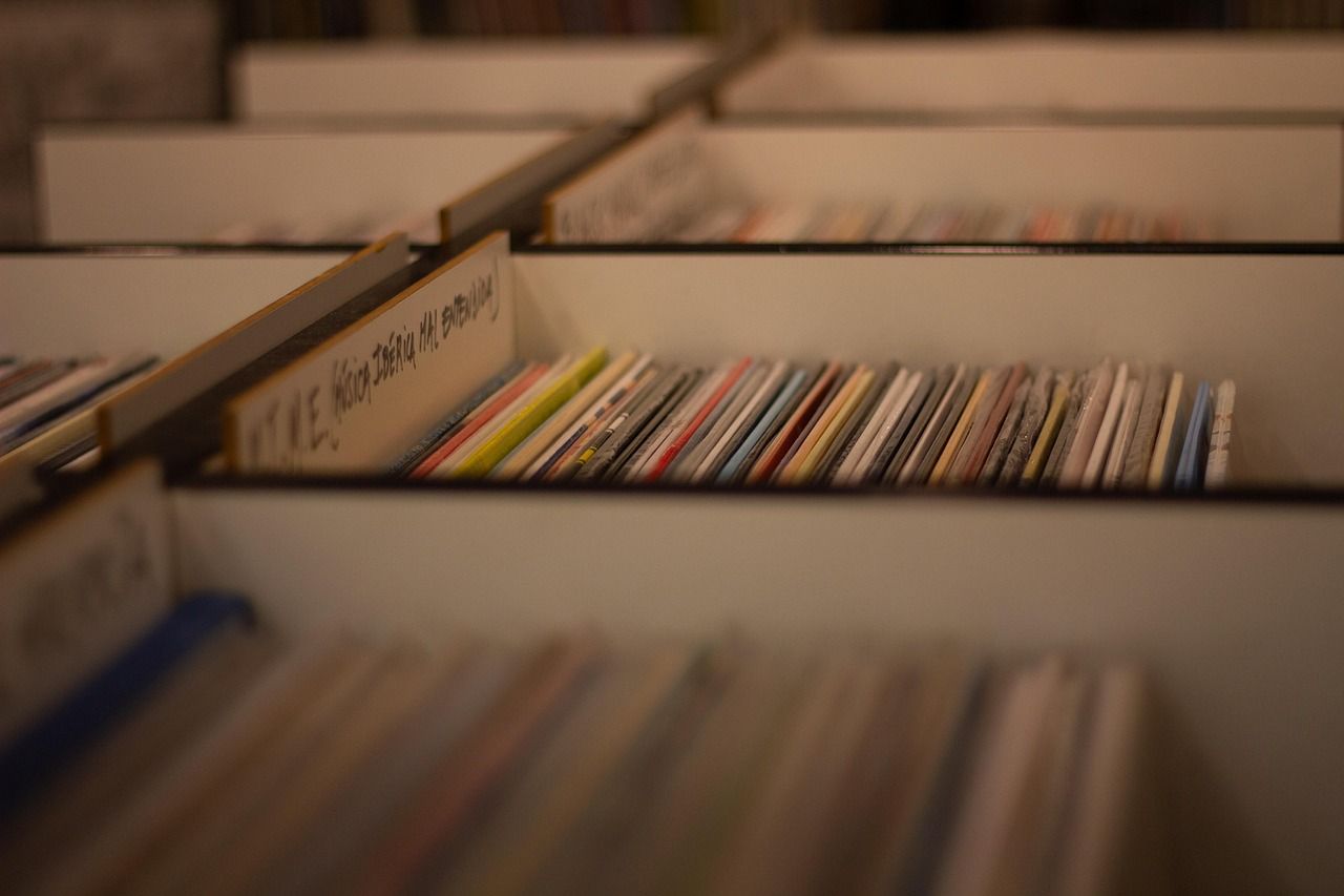Vinyl records in a music store, evoking the era when Elton John and Bernie Taupin began their songwriting partnership