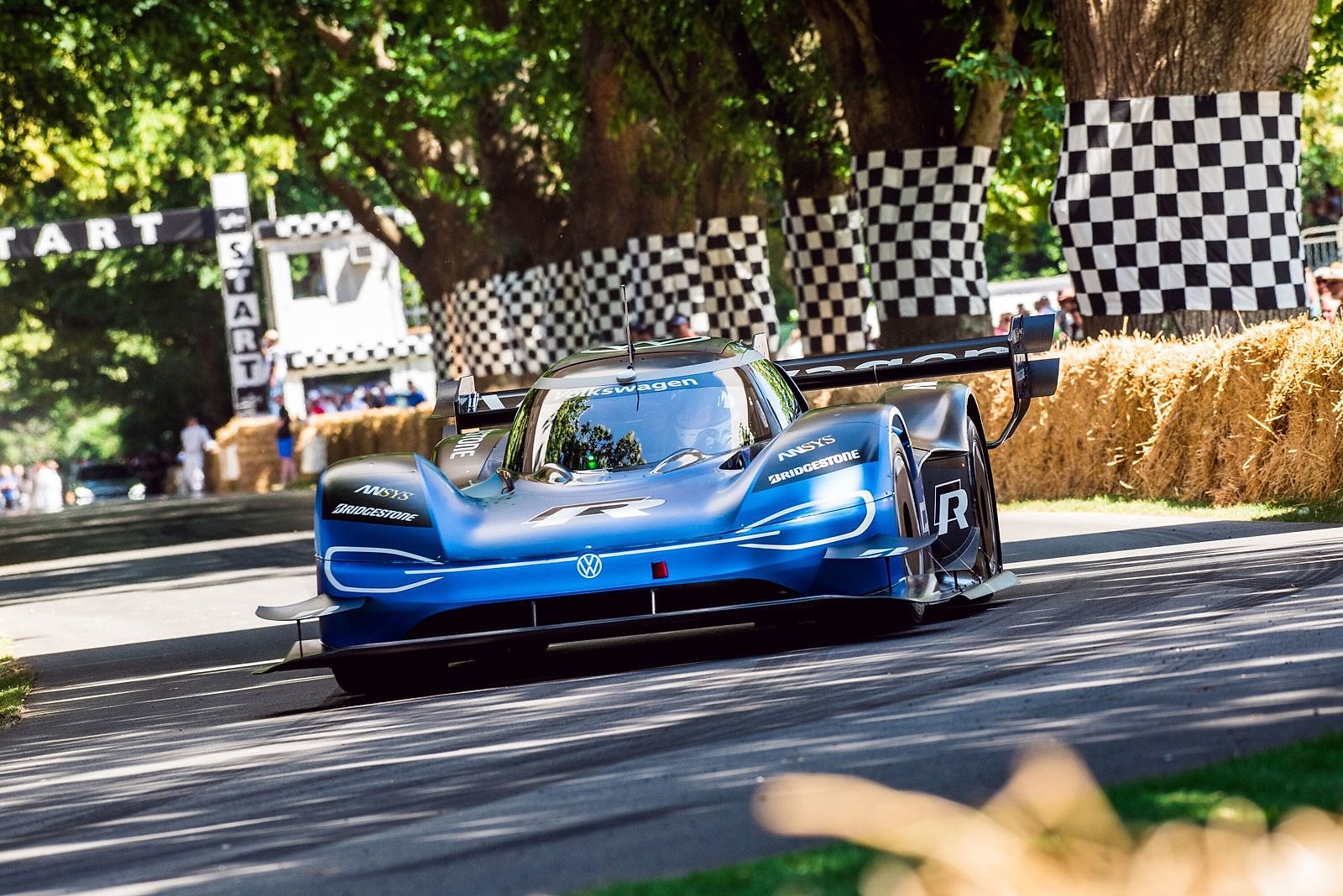 The all-electric Volkswagen ID.R on the Goodwood Festival of Speed hillclimb