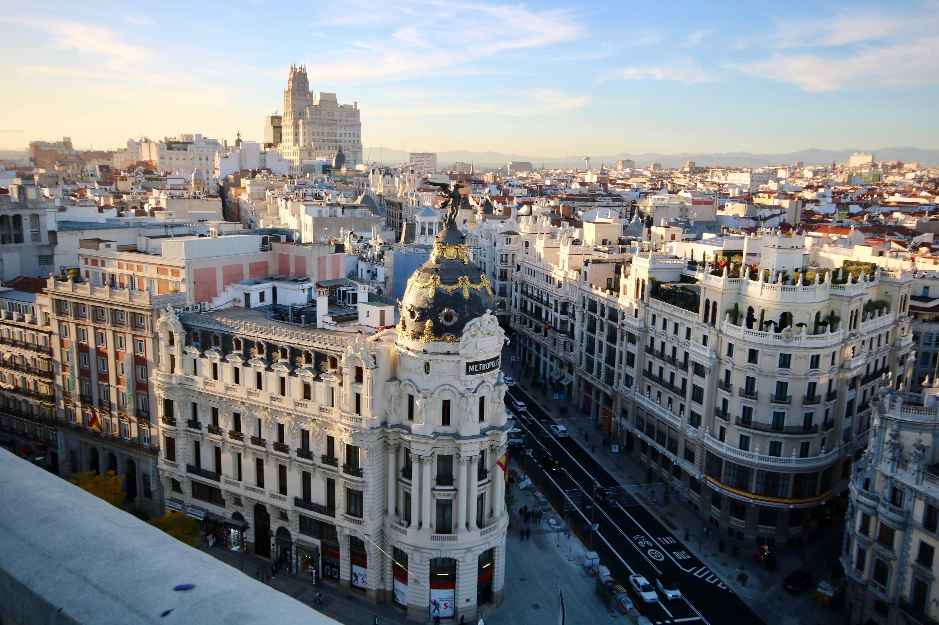 Madrid cityscape with historic buildings and tree-lined boulevards