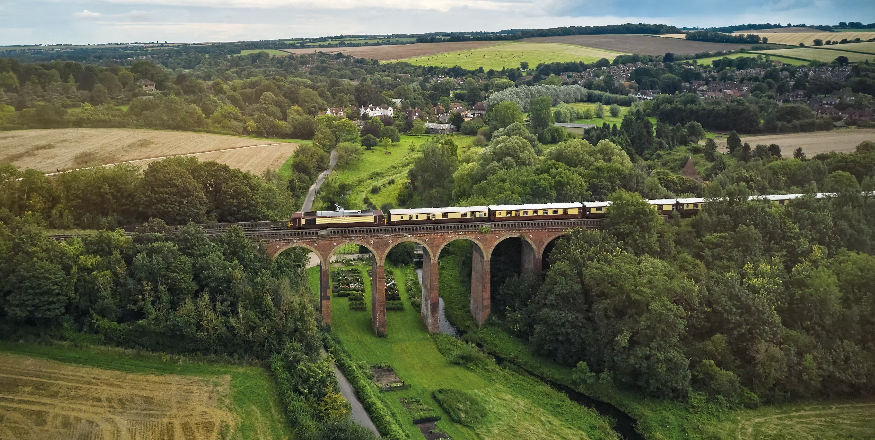 The Belmond British Pullman dining carriage at sunset