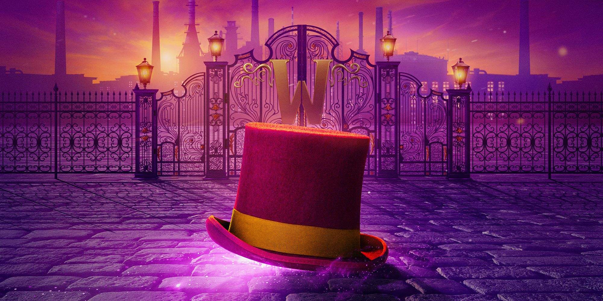 Charlie and the Chocolate Factory the Musical artwork: Willy Wonka's hat before the factory gates
