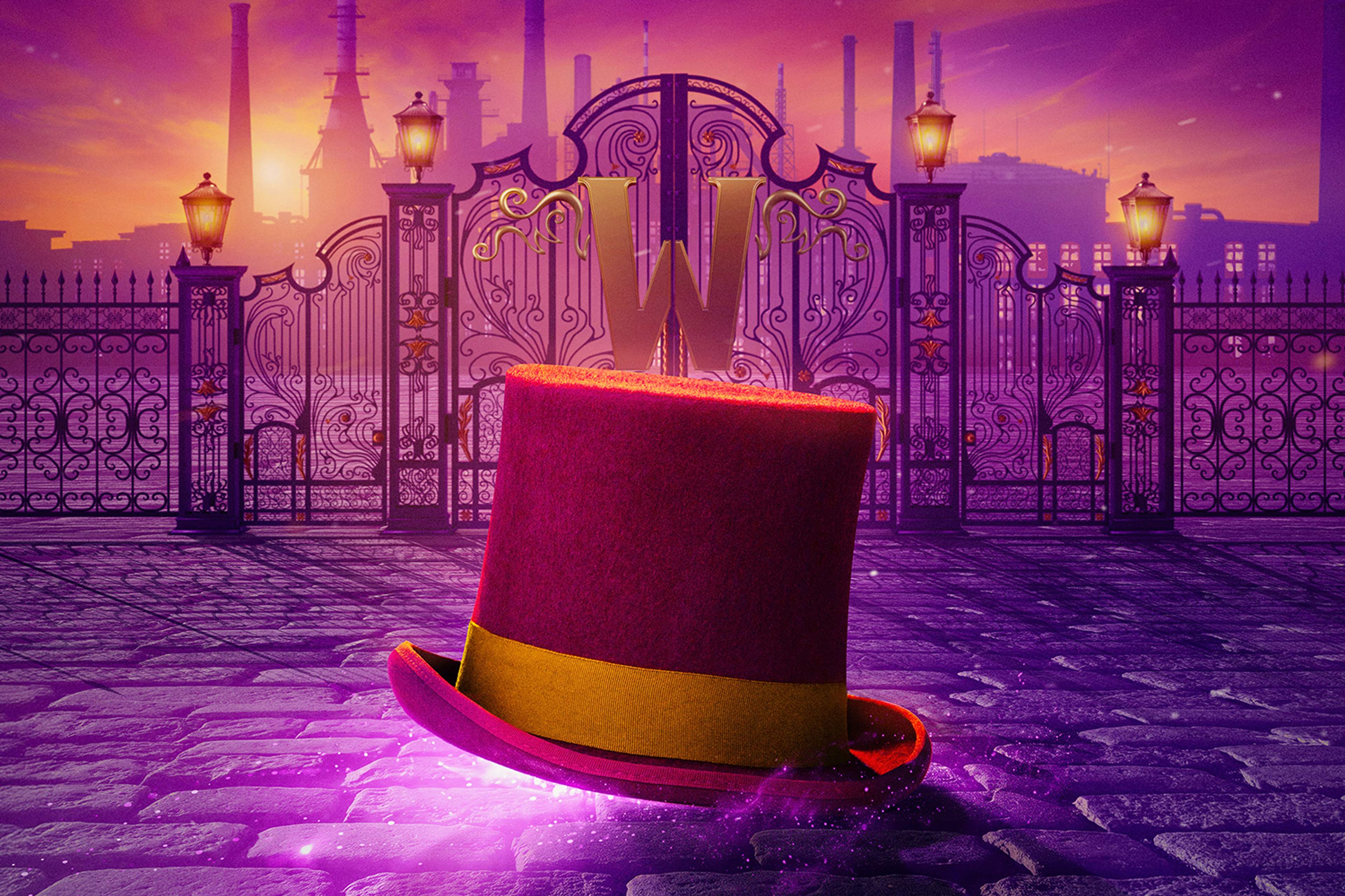 Charlie and the Chocolate Factory the Musical artwork: Willy Wonka's hat before the factory gates