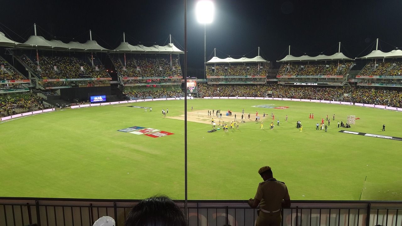 Floodlit cricket ground ready for an evening ODI match