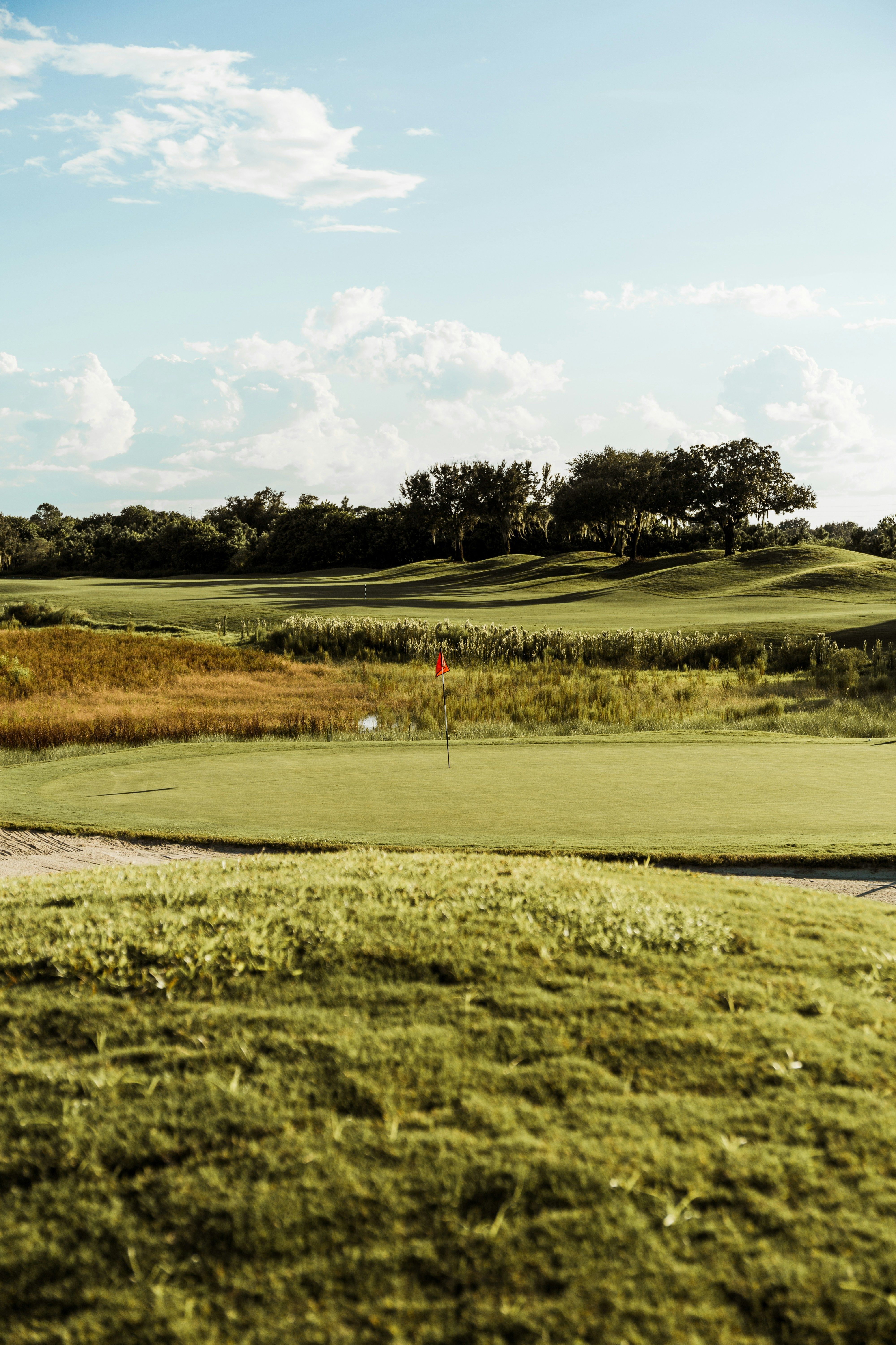 Golf course green with a red flag