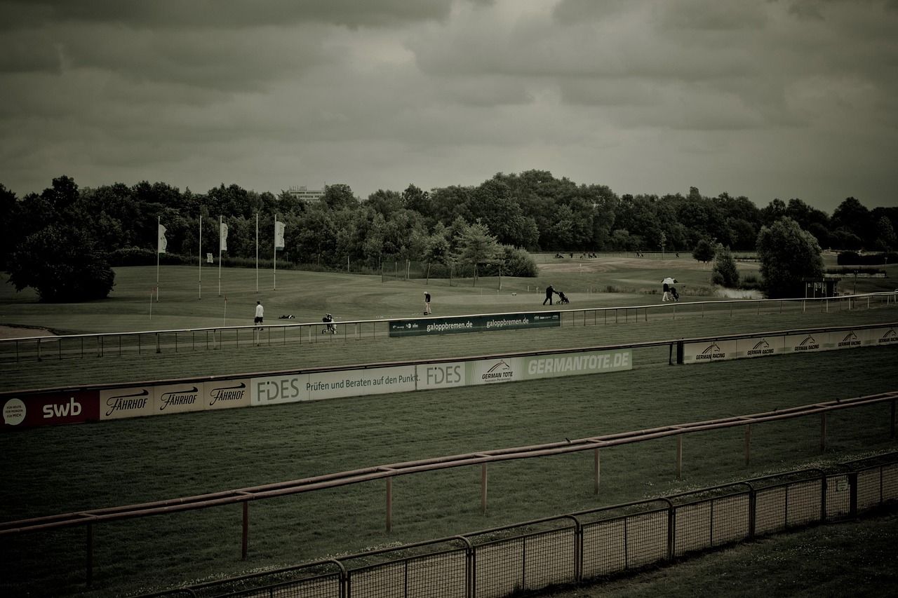 A green racecourse with grandstand, evoking the post-war return of racing