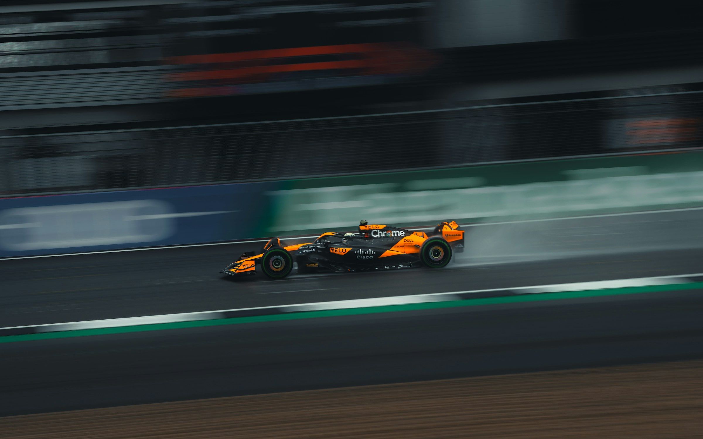A current-spec Formula 1 car at speed during the British Grand Prix at Silverstone
