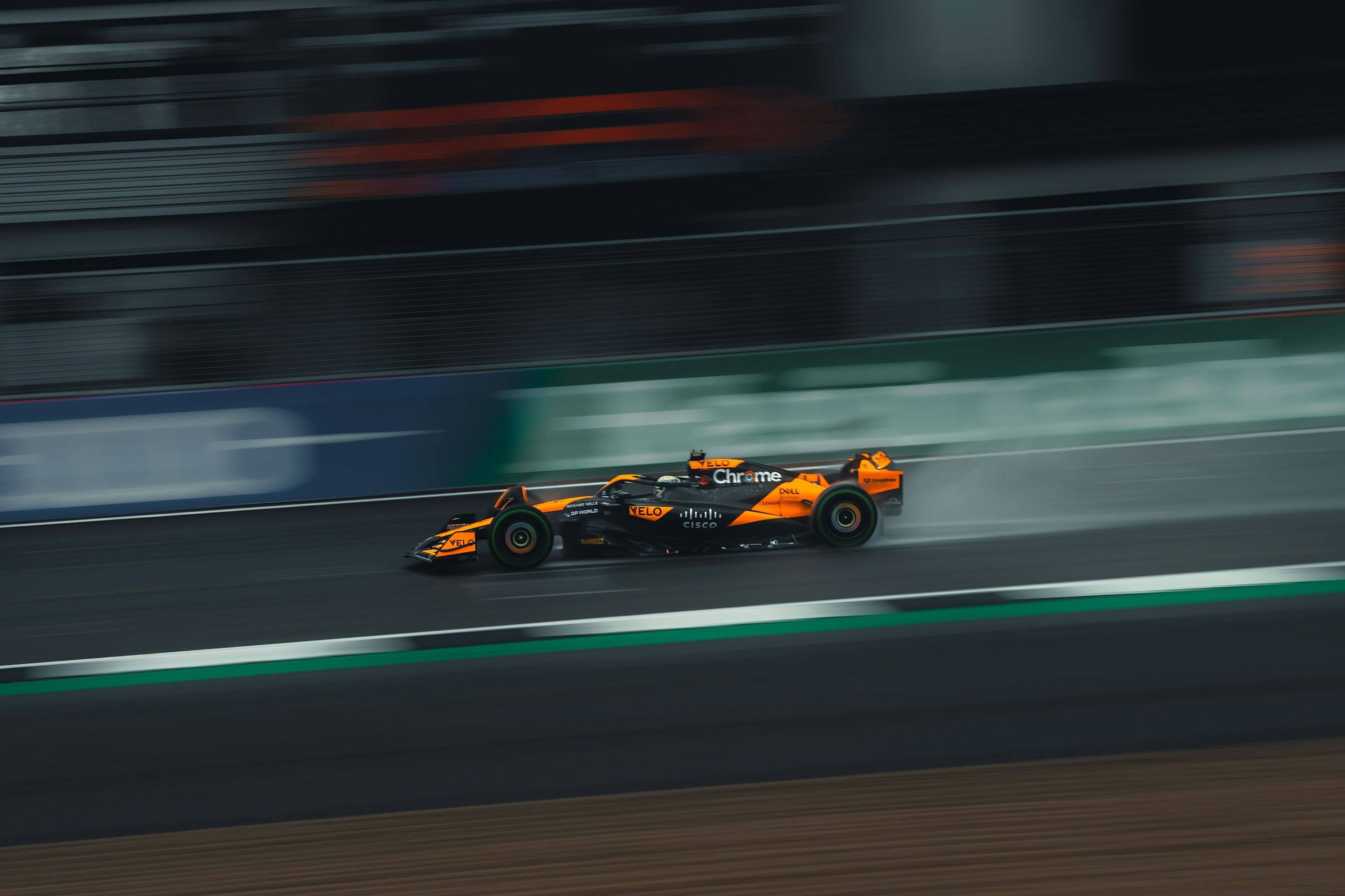 A current-spec Formula 1 car at speed during the British Grand Prix at Silverstone
