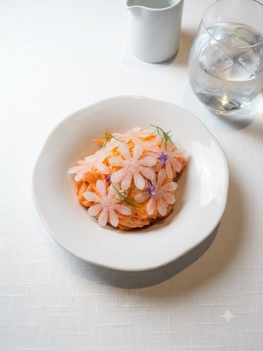 A dish with pink flowers at Amelia by Paulo Airaudo
