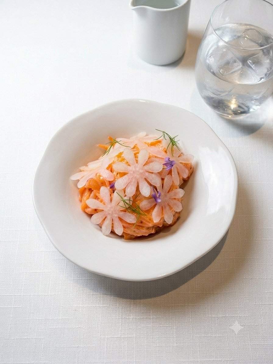 A dish with pink flowers at Amelia by Paulo Airaudo