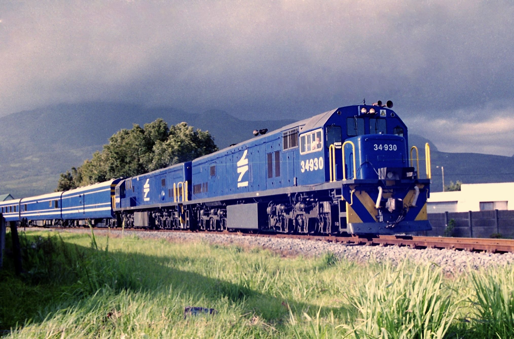 South Africa's Blue Train, its blue carriages hauled by matching blue Class 34 locomotives