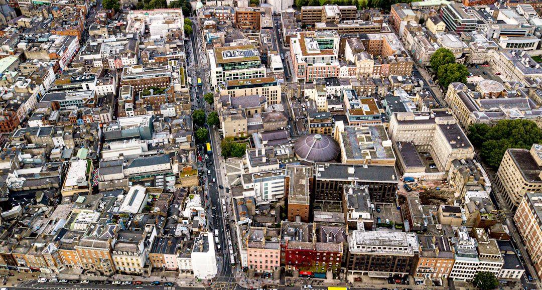 Aerial view of Dublin city centre with the River Liffey
