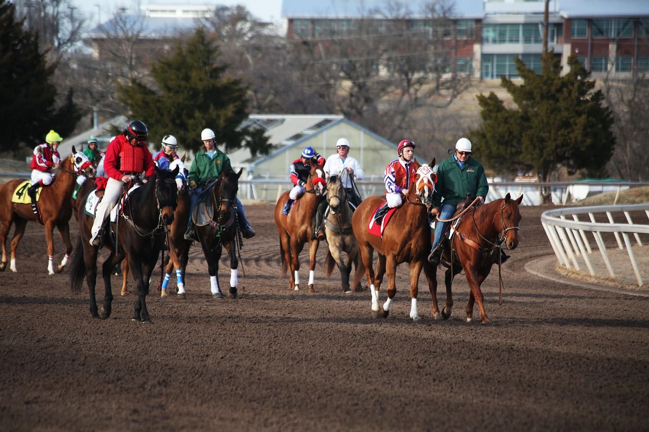 A large field of racehorses galloping together on the track
