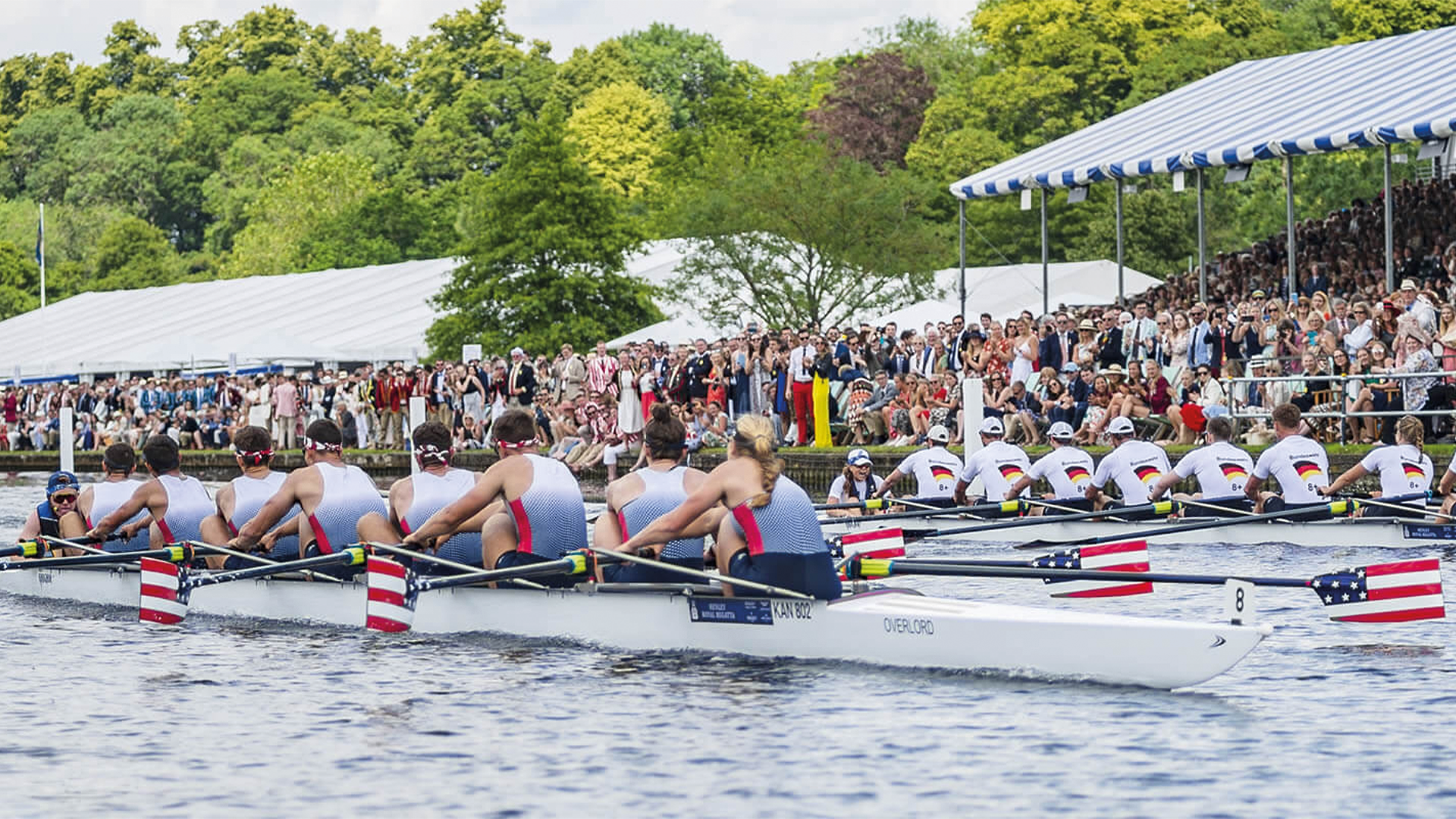 Rowing crew racing on the river during a regatta