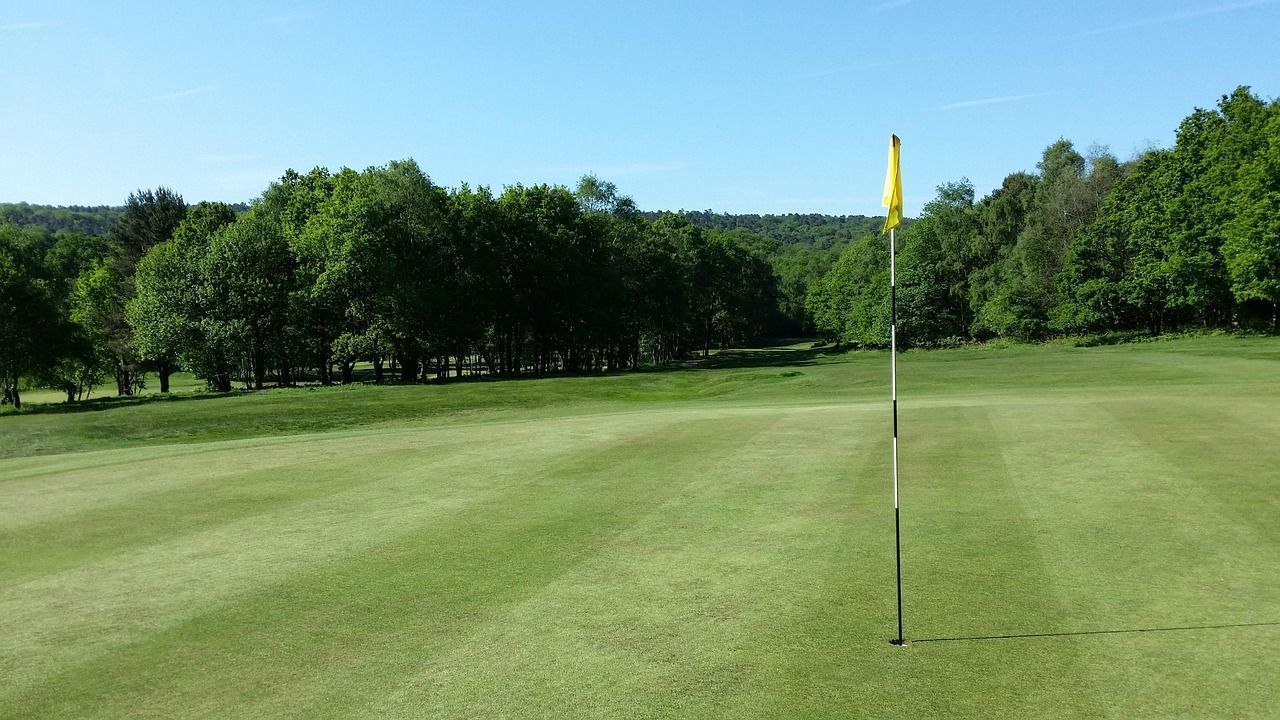 Scenic golf course fairway with flag and green under blue sky