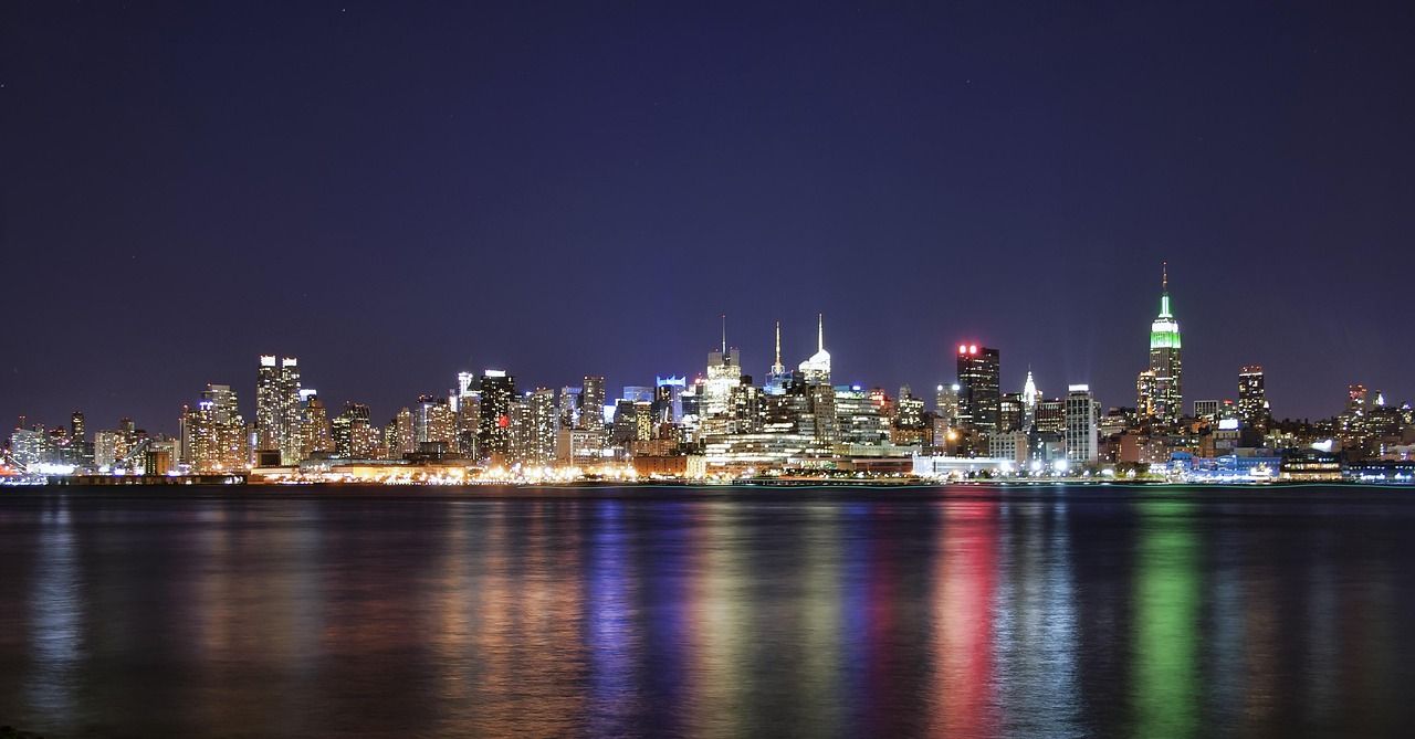 Hoboken, New Jersey waterfront skyline at night, birthplace of Frank Sinatra