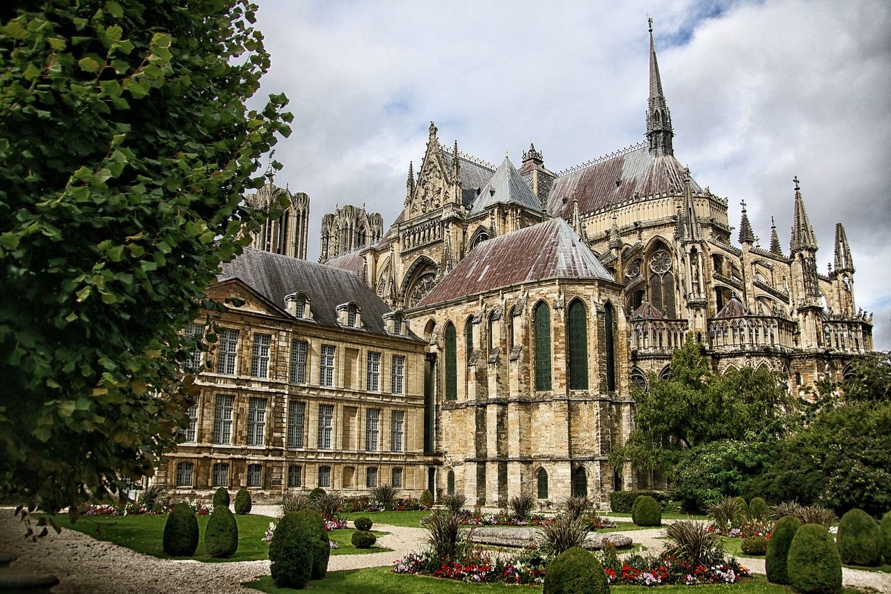 The Gothic facade of Reims Cathedral, historic coronation site of French kings