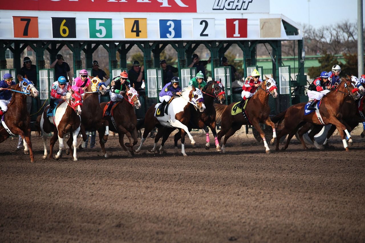Jockeys racing at full gallop on the turf