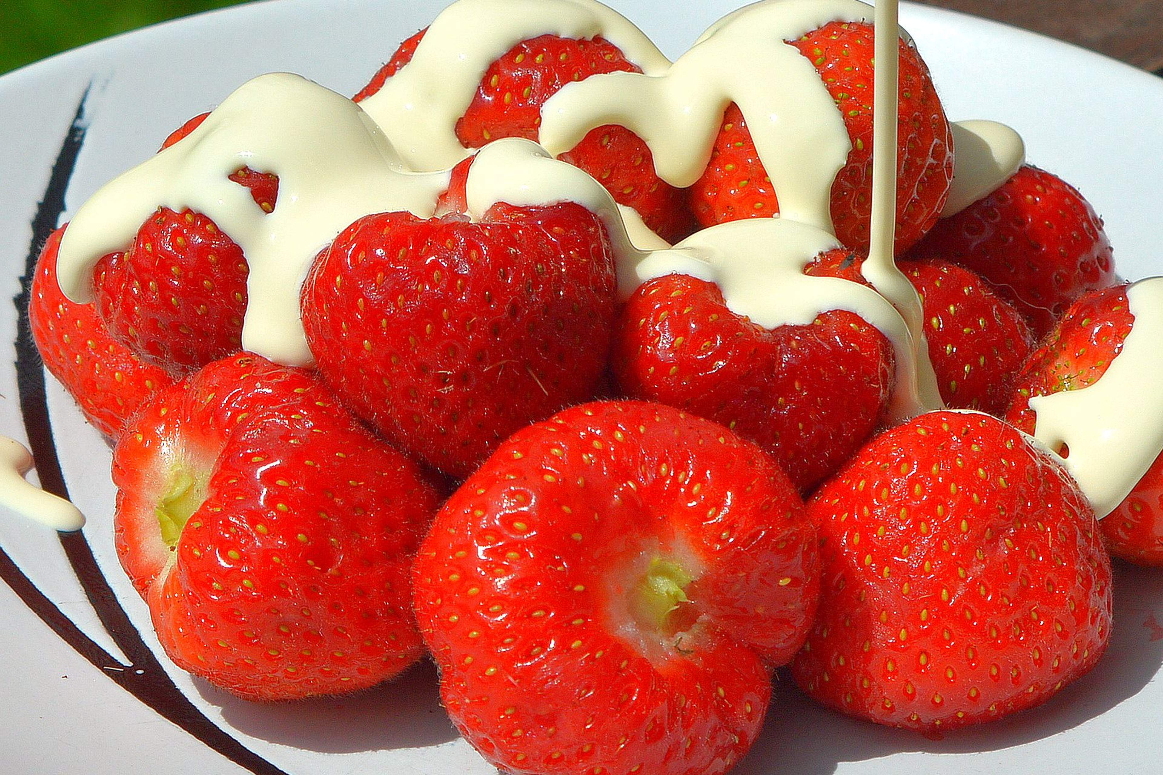 Fresh strawberries with cream poured over them in the sun