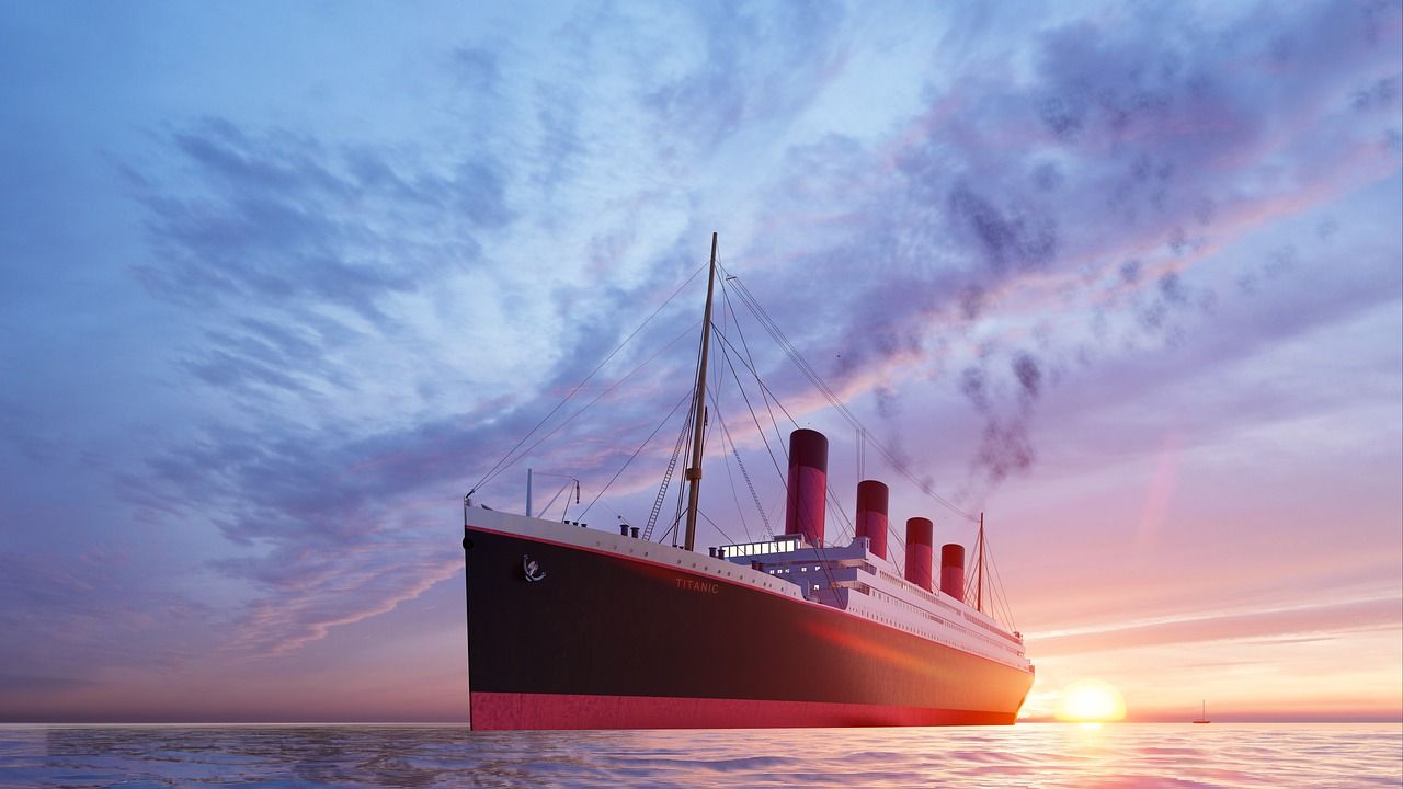Ocean liner at sunset, evoking the Titanic era and My Heart Will Go On