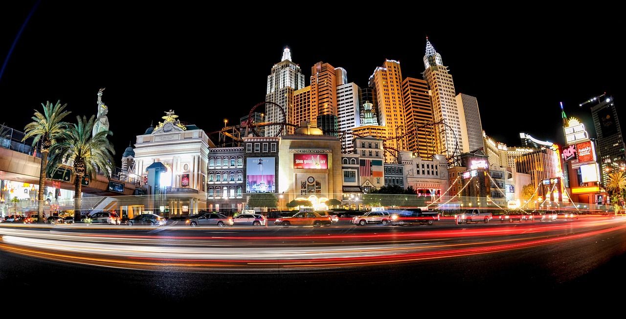 Las Vegas Strip illuminated at night with neon lights and casino buildings
