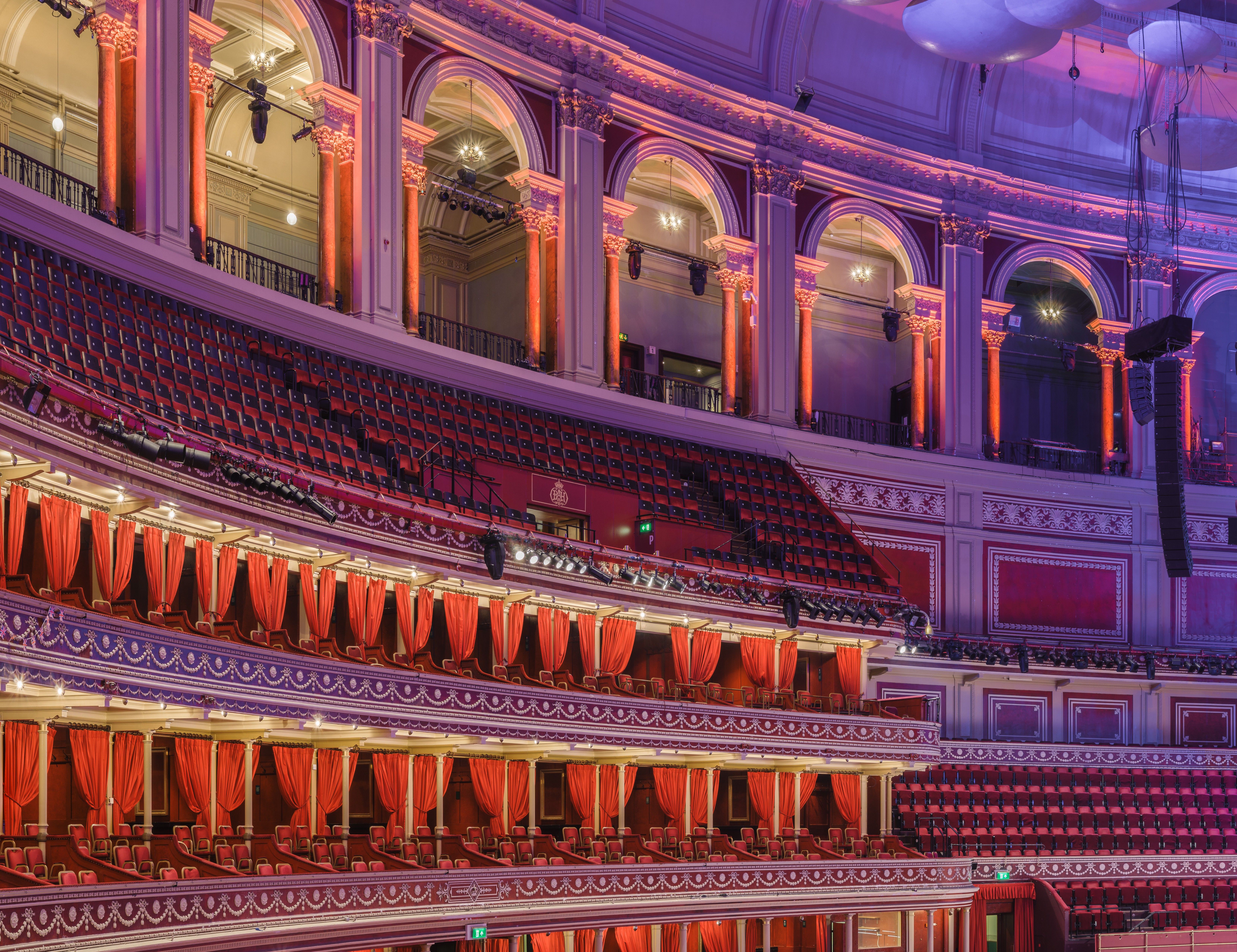 The tiers of the Royal Albert Hall from the side, with the box rings stacked between the Stalls and the Circle