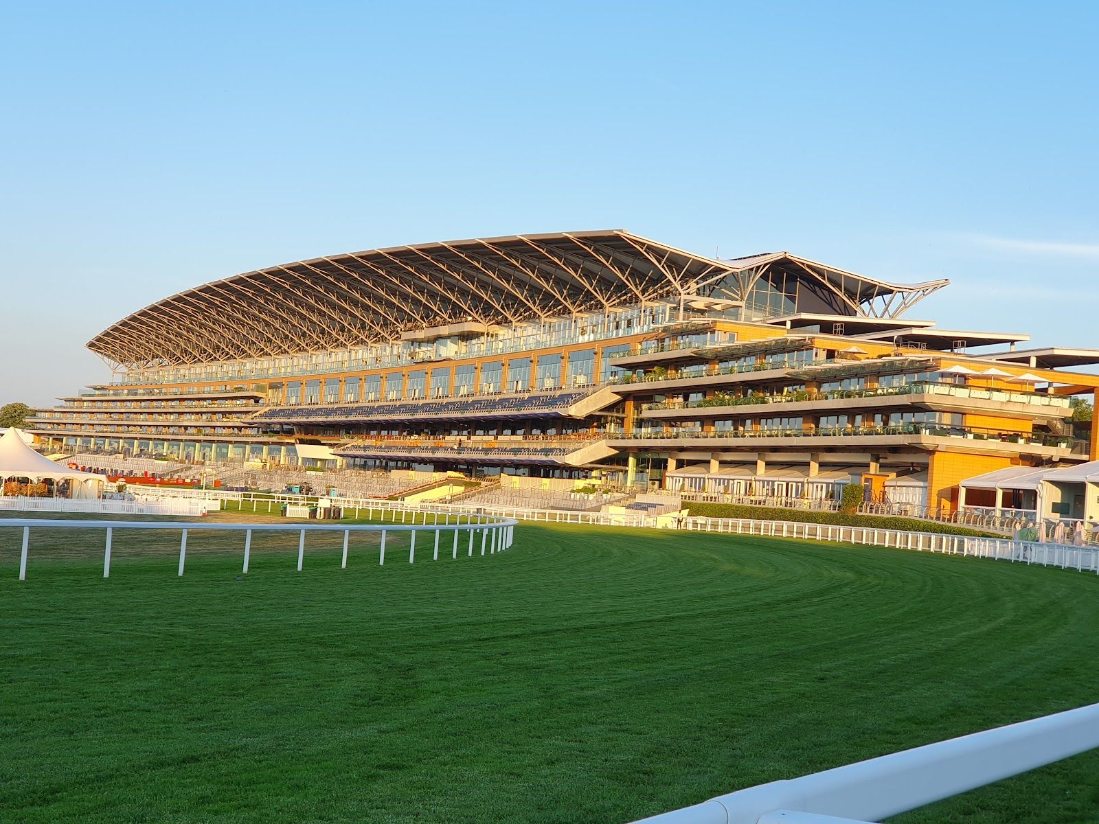The grandstand at Ascot Racecourse in the early summer light