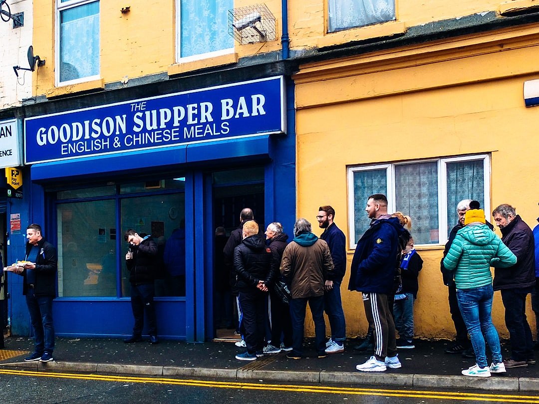 Goodison Park exterior on matchday, a ground that showed solidarity after Hillsborough