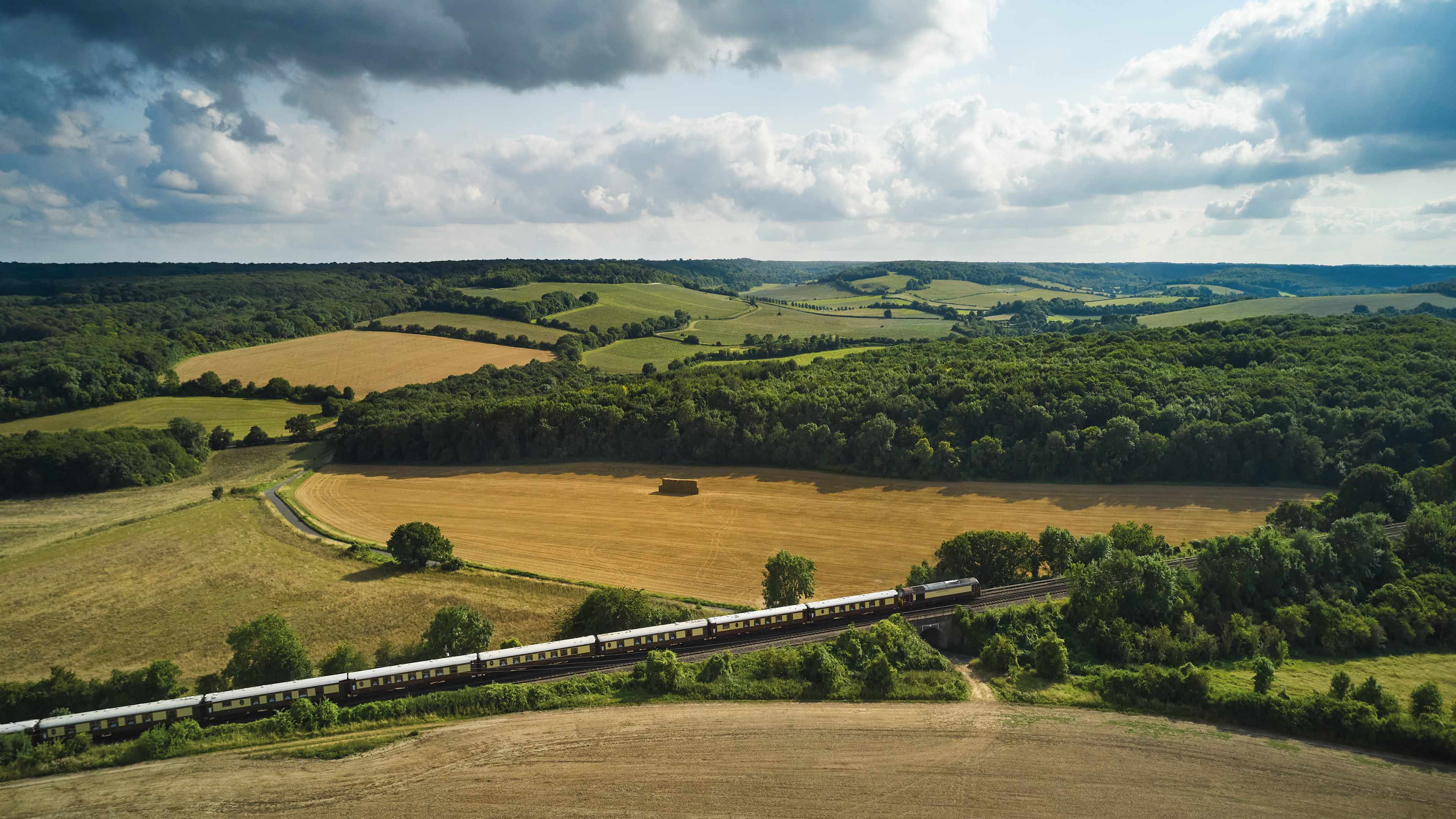 The Belmond British Pullman crossing farmland