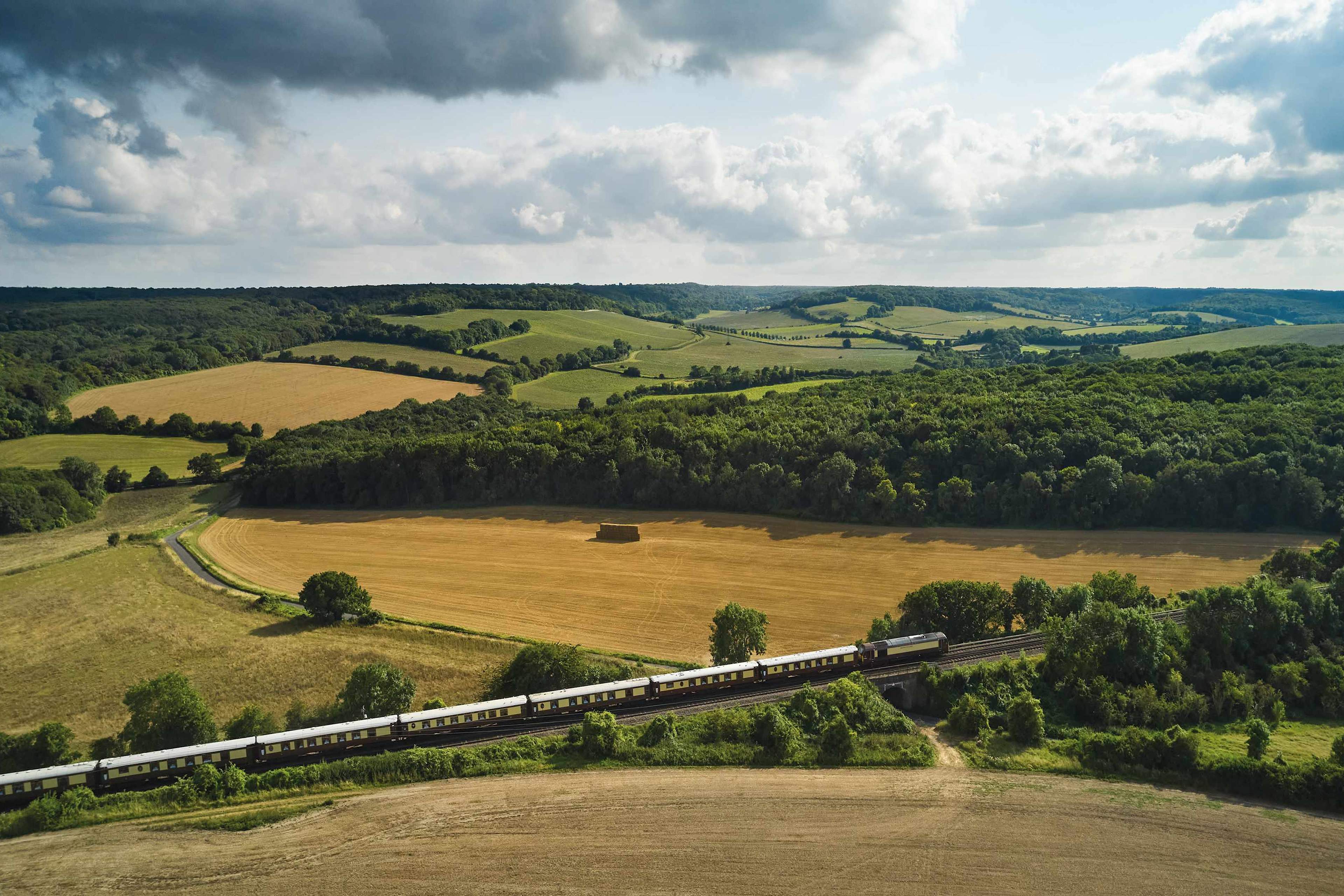 The Belmond British Pullman crossing farmland